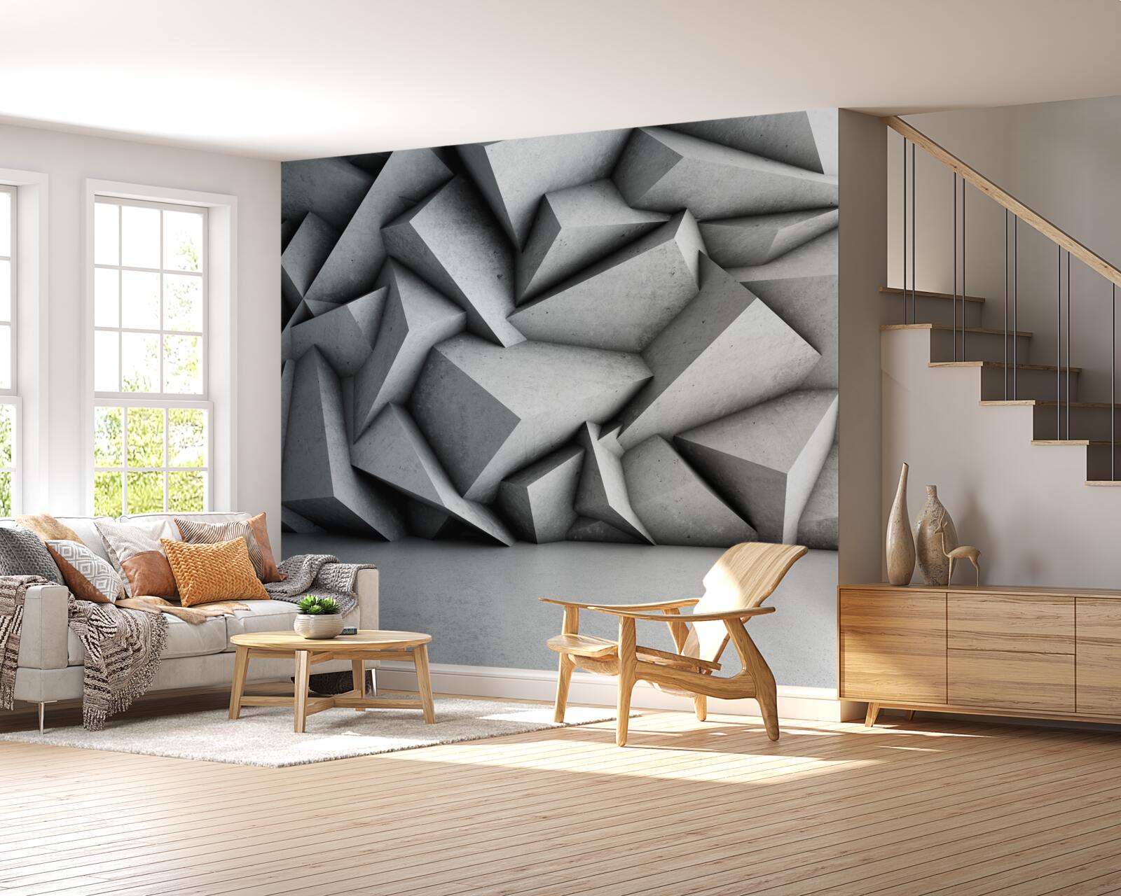Papier peint grandes figures en 3d sur fond gris