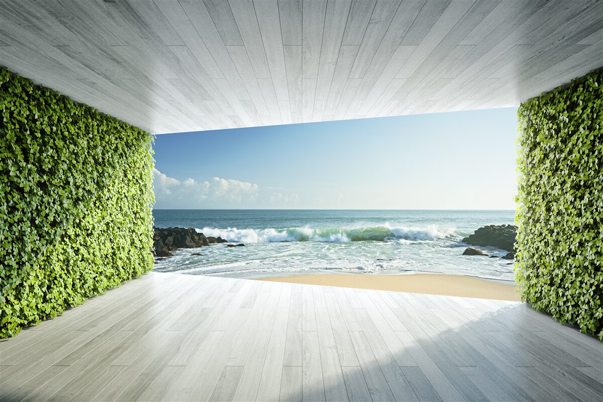 Papier peint élégant balcon dans les tons verts avec vue sur la côte