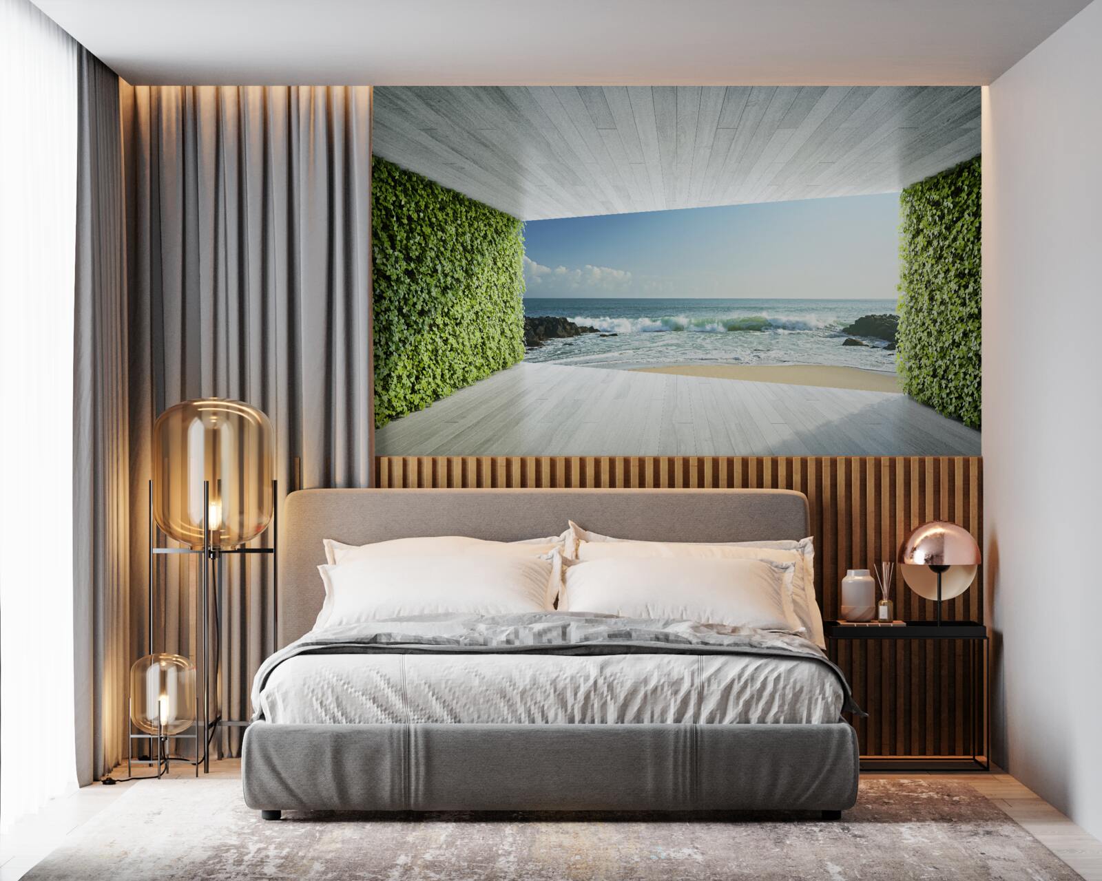 Papier peint élégant balcon dans les tons verts avec vue sur la côte