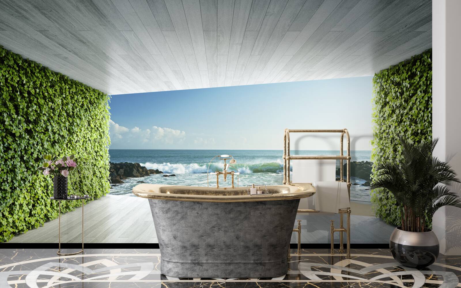 Papier peint élégant balcon dans les tons verts avec vue sur la côte
