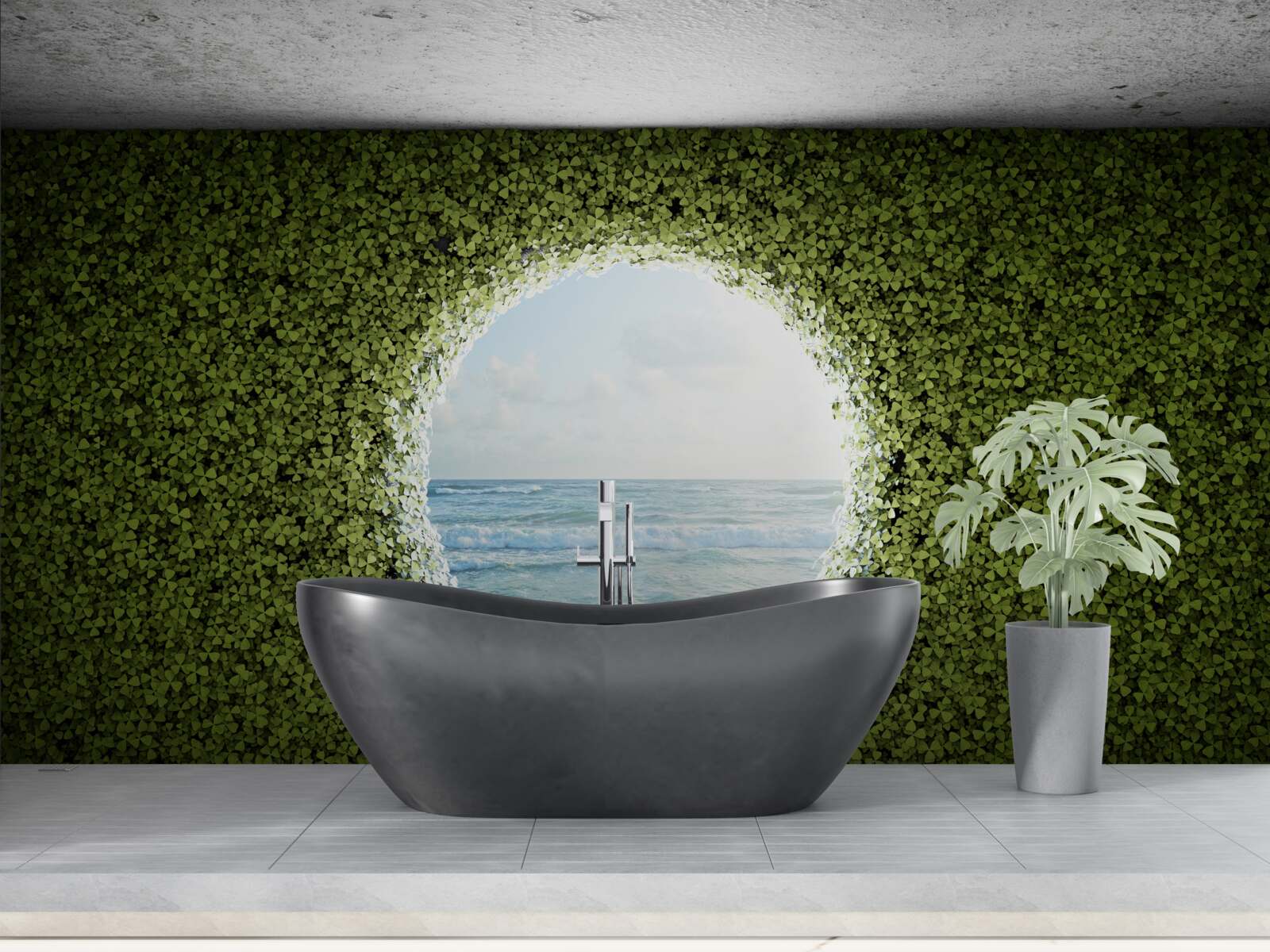 Papier peint Mur de plantes vertes avec ouverture circulaire