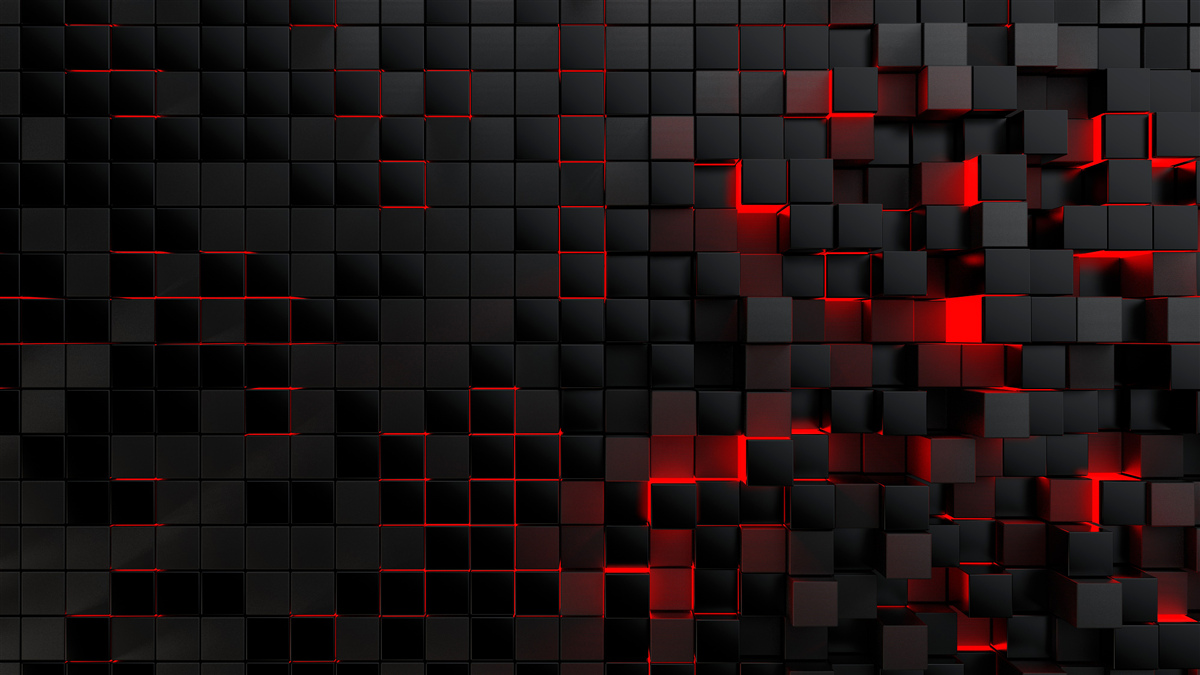 Papier peint mur noir texturé éclairé par une lumière rouge et décoré de carrés