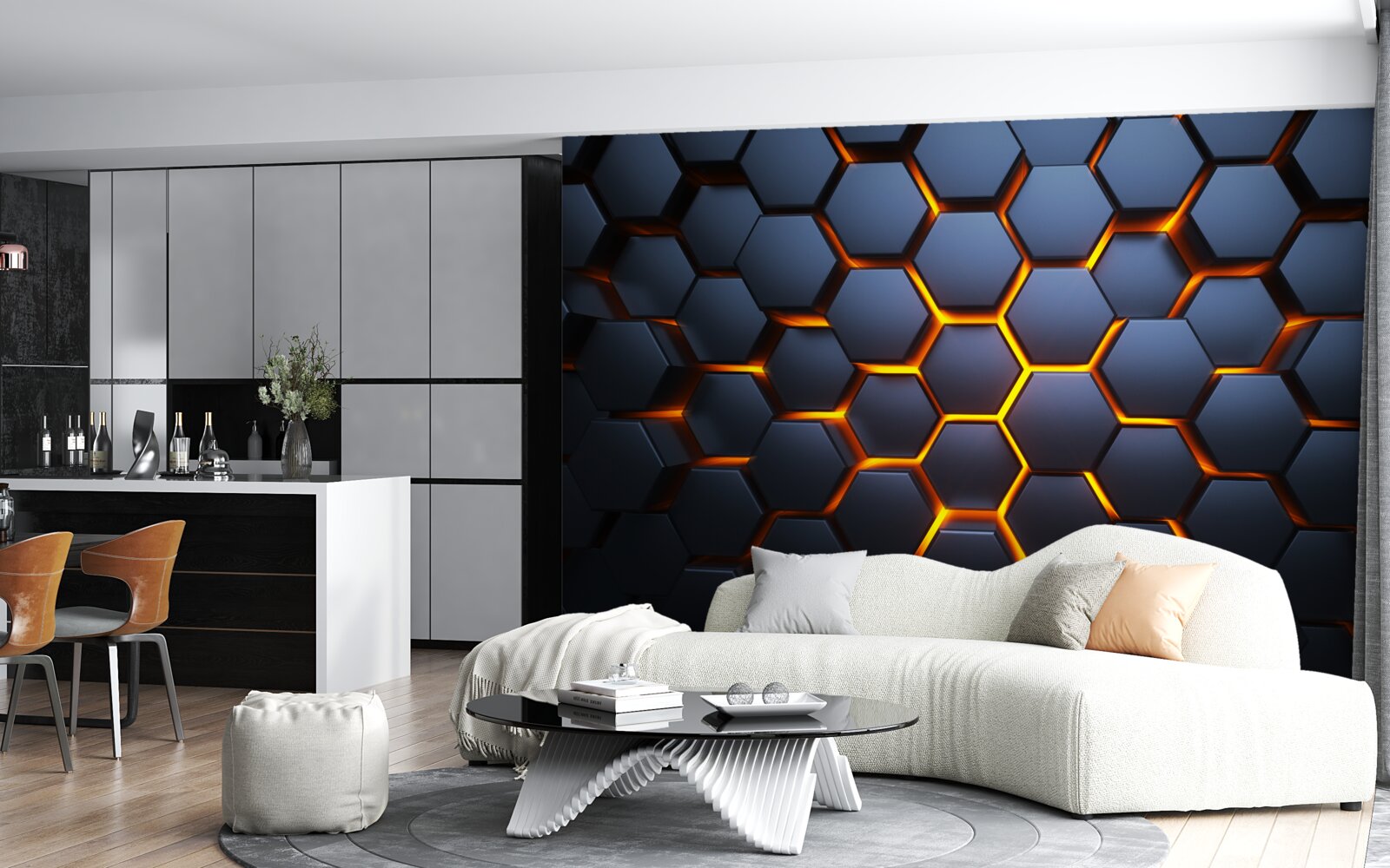 Papier peint collection hexagonale avec illumination dorée