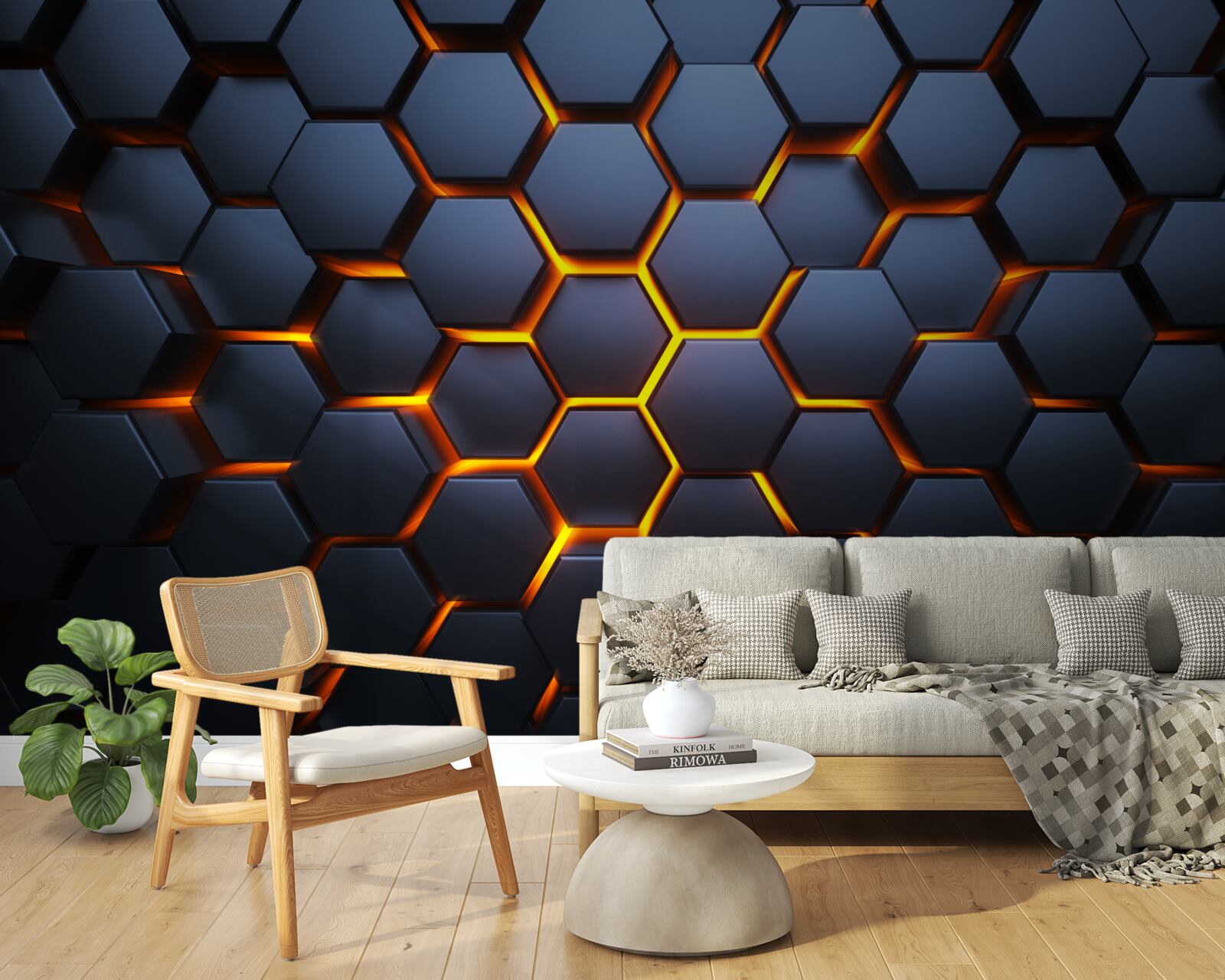 Papier peint collection hexagonale avec illumination dorée