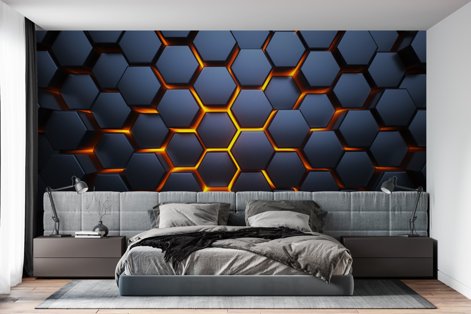 Papier peint collection hexagonale avec illumination dorée