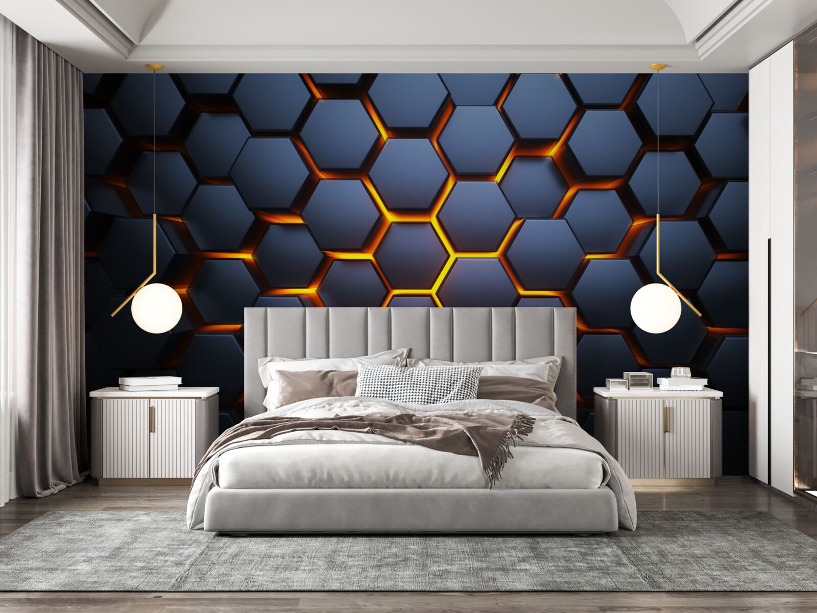 Papier peint collection hexagonale avec illumination dorée