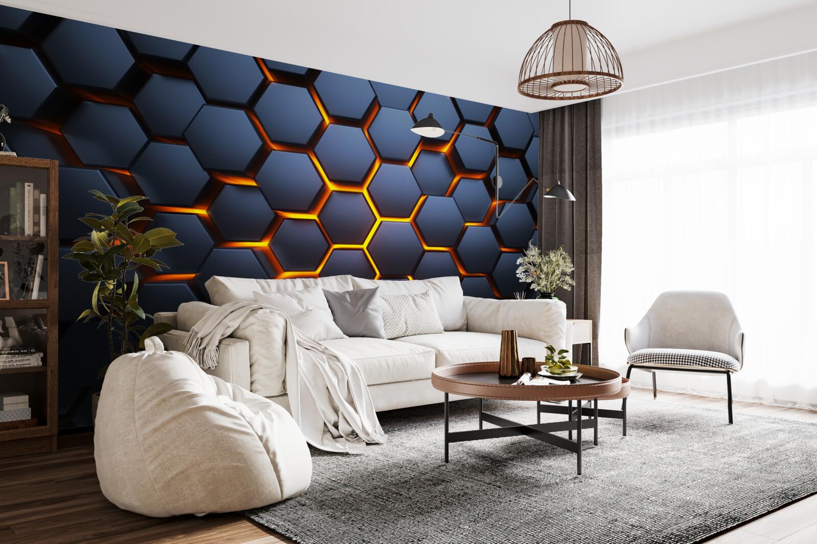Papier peint collection hexagonale avec illumination dorée