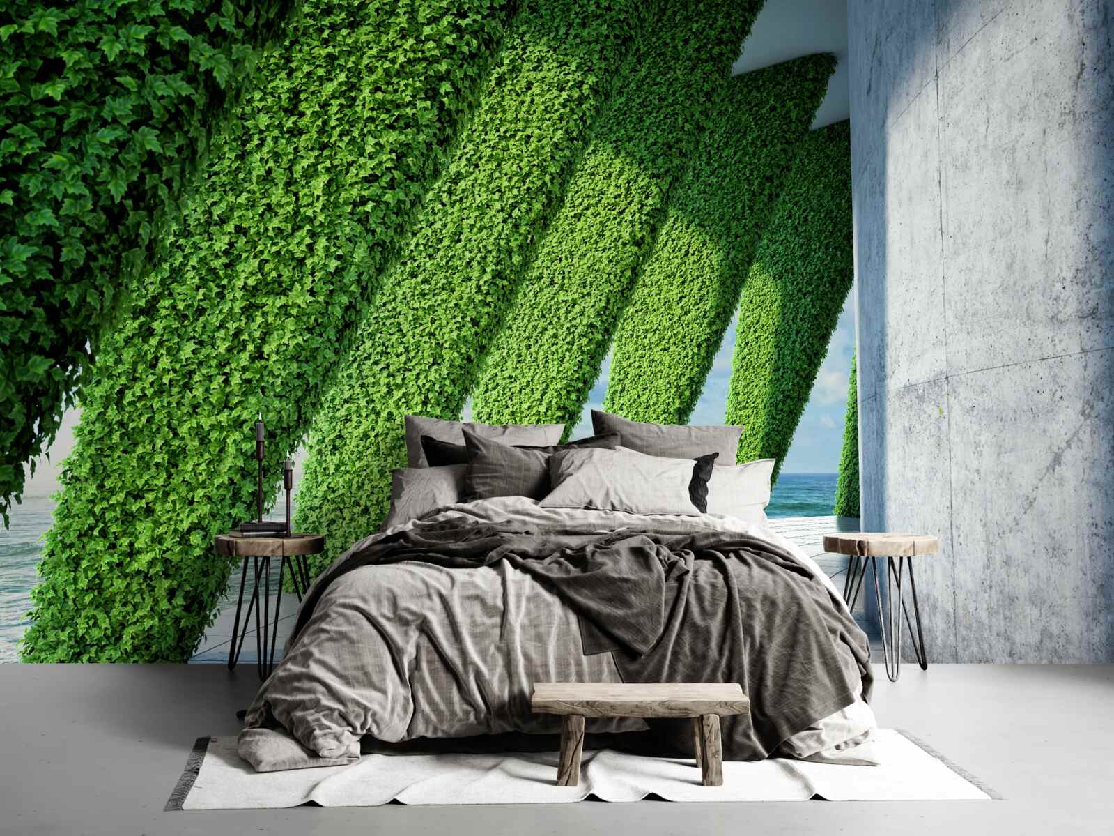 Papier peint il y a des plantes vertes sur les piliers du couloir