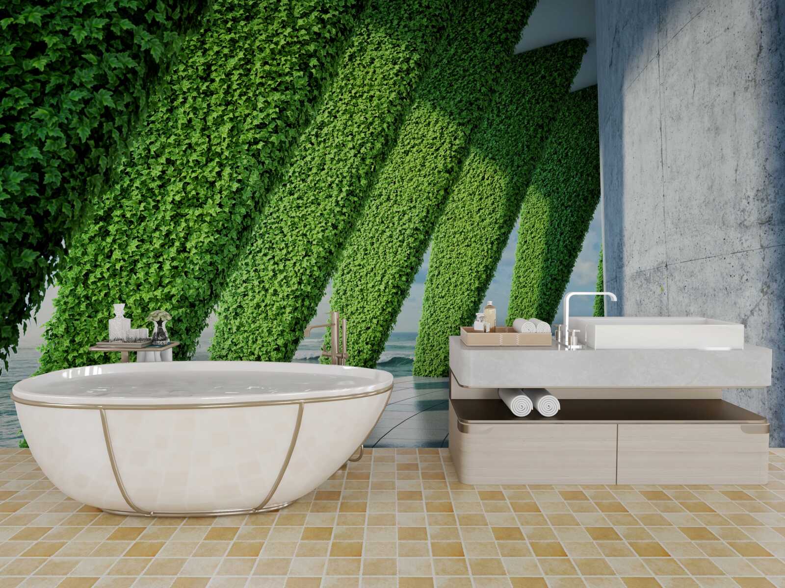 Papier peint il y a des plantes vertes sur les piliers du couloir