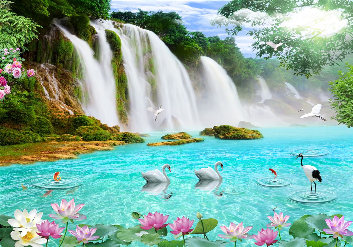 Papier peint l'eau de la cascade du cygne est d'un bleu cristallin