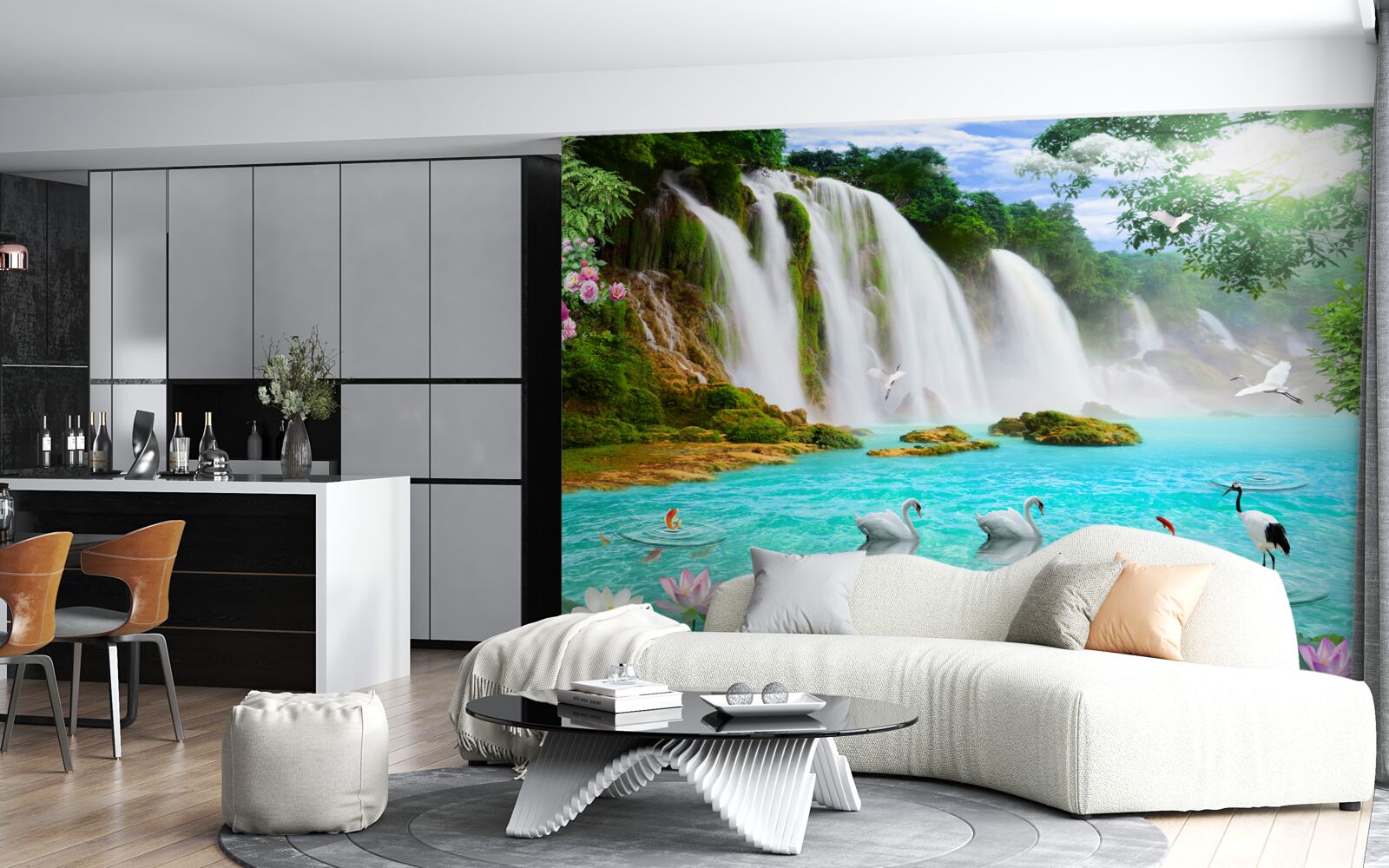 Papier peint l'eau de la cascade du cygne est d'un bleu cristallin