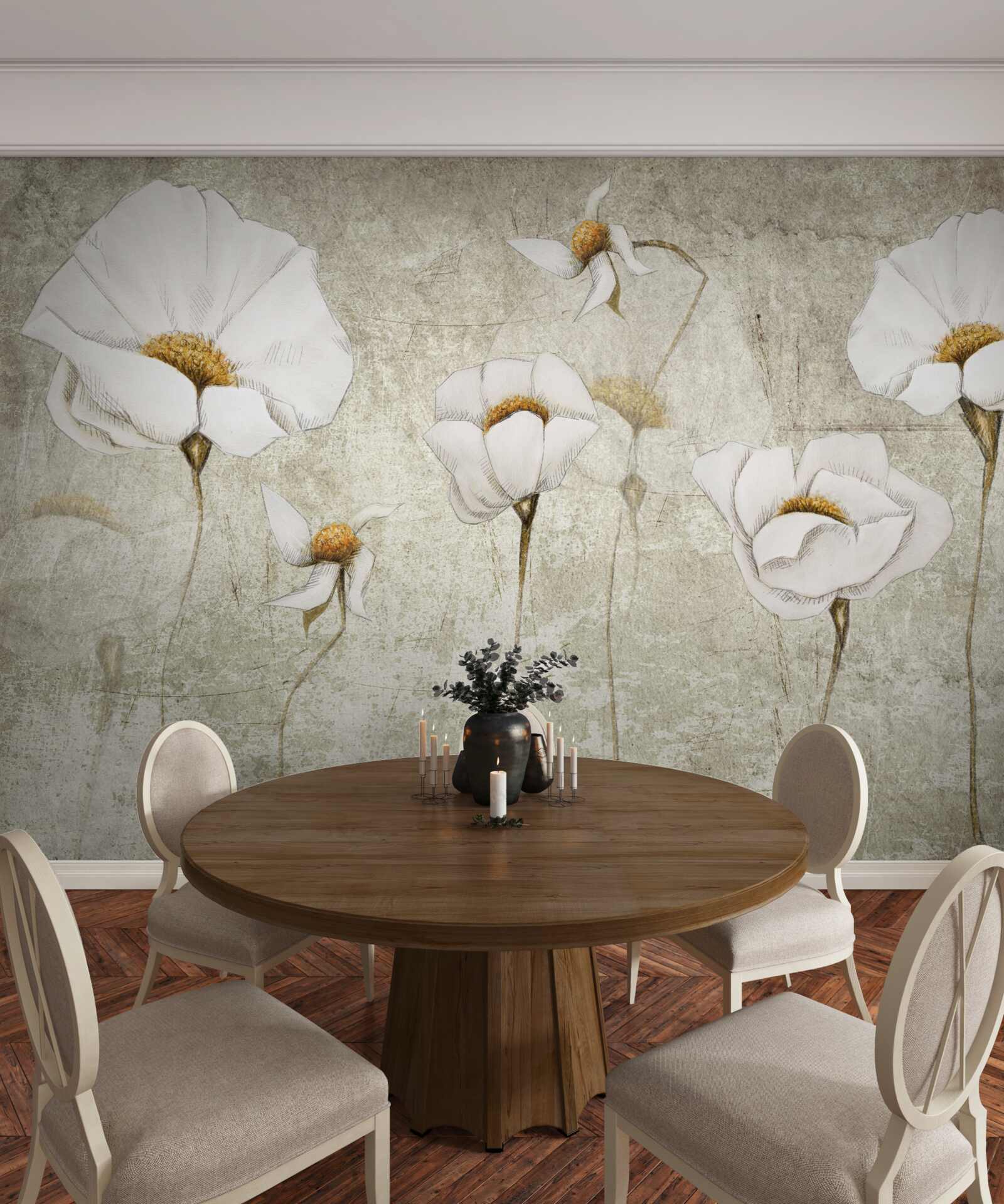 Papier peint fleurs blanches élancées poussant dans un champ