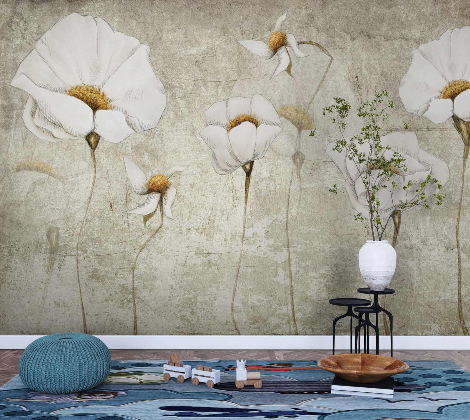 Papier peint fleurs blanches élancées poussant dans un champ