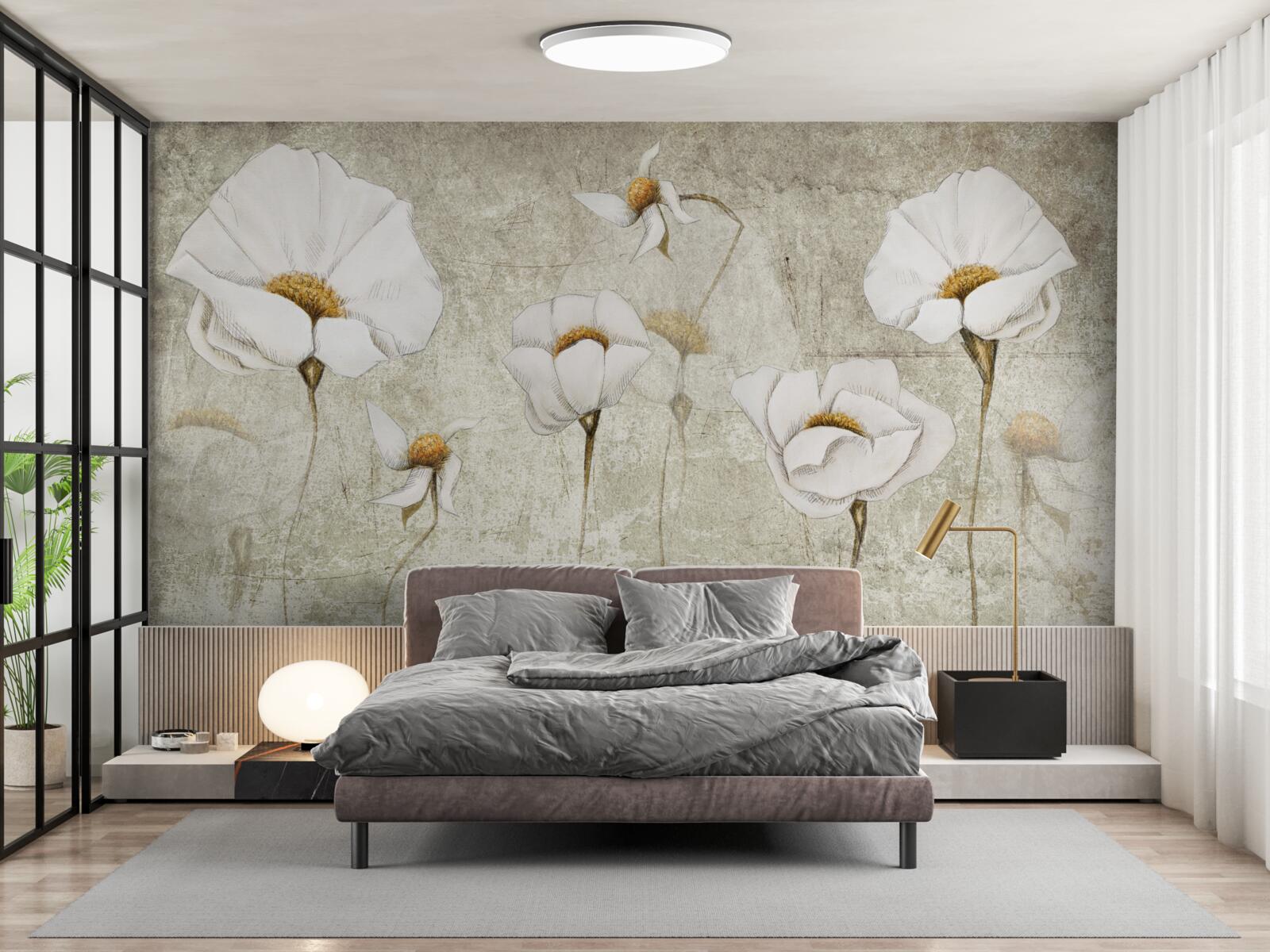 Papier peint fleurs blanches élancées poussant dans un champ