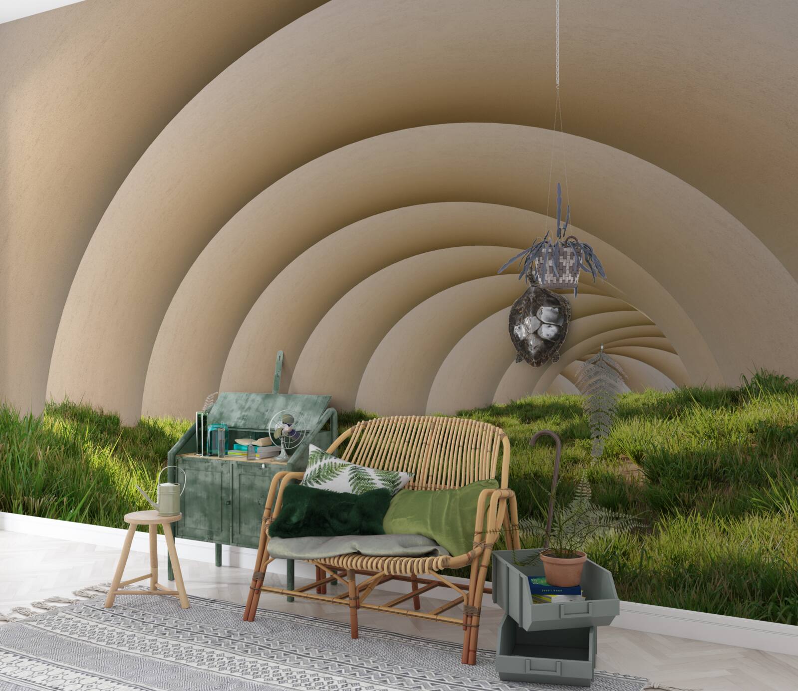 Papier peint l'herbe verte sous les lignes courbes des grandes arches