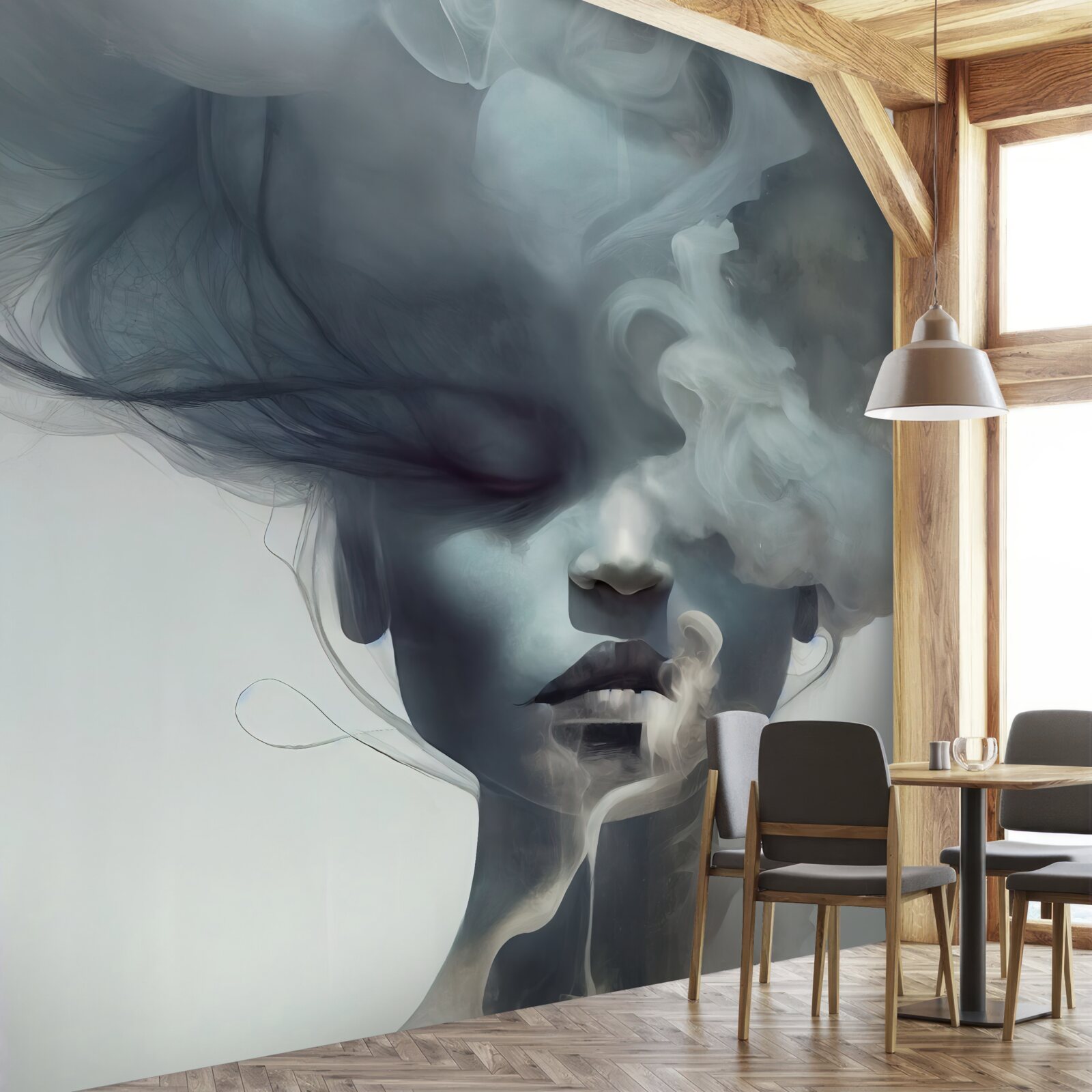 Papier peint femme dans la brume grise