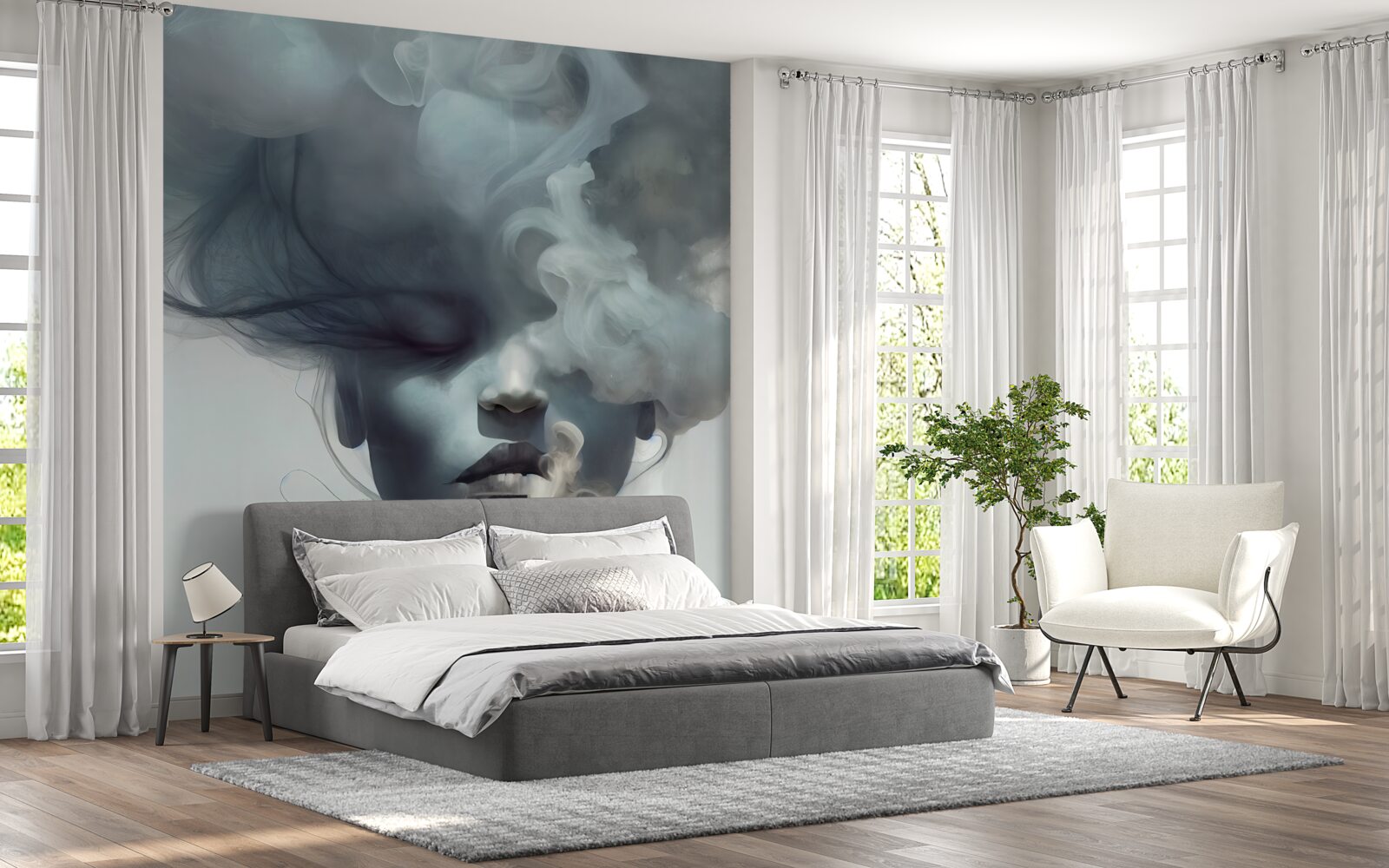 Papier peint femme dans la brume grise