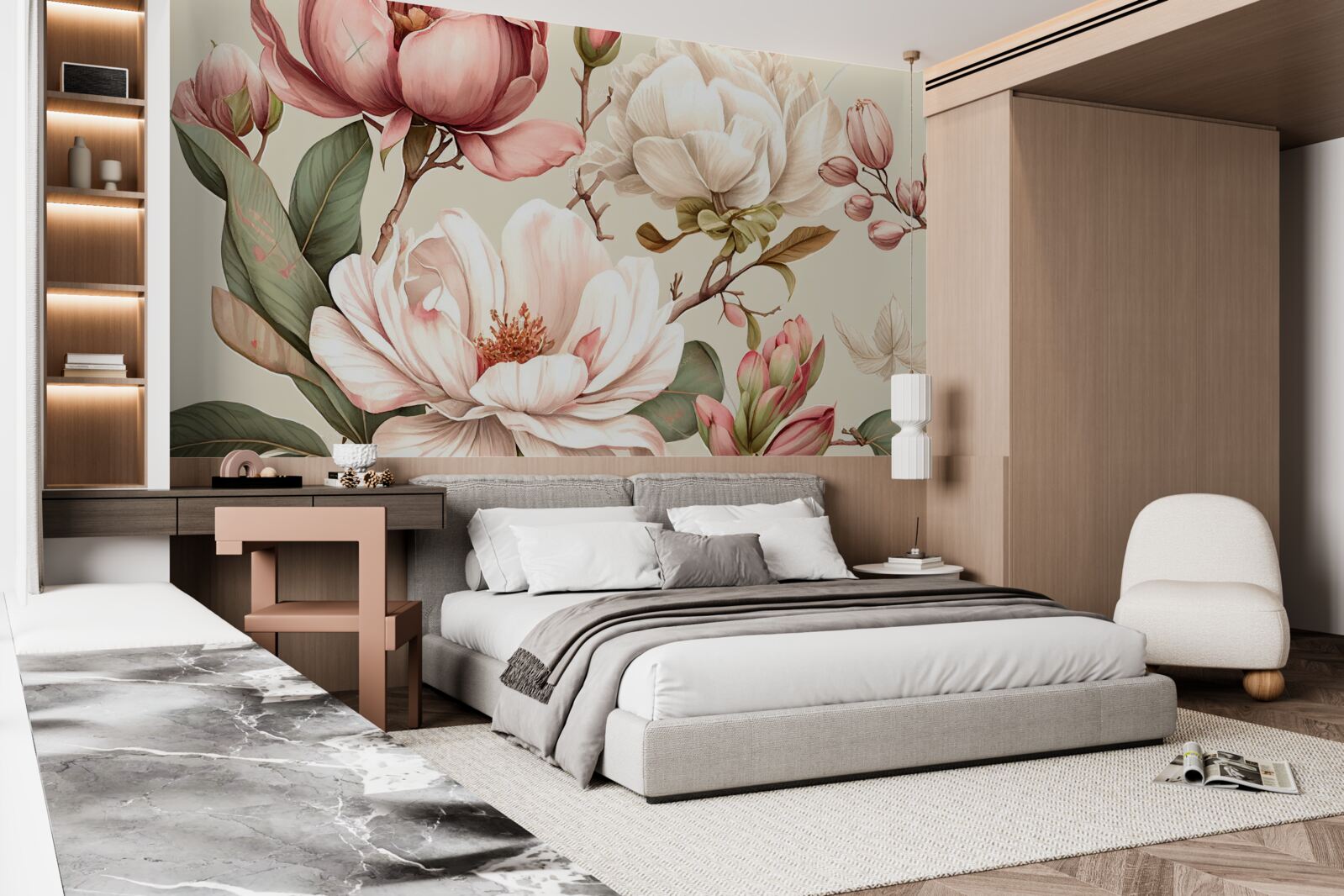 Papier peint des magnolias dans les tons rouge et blanc sur les branches
