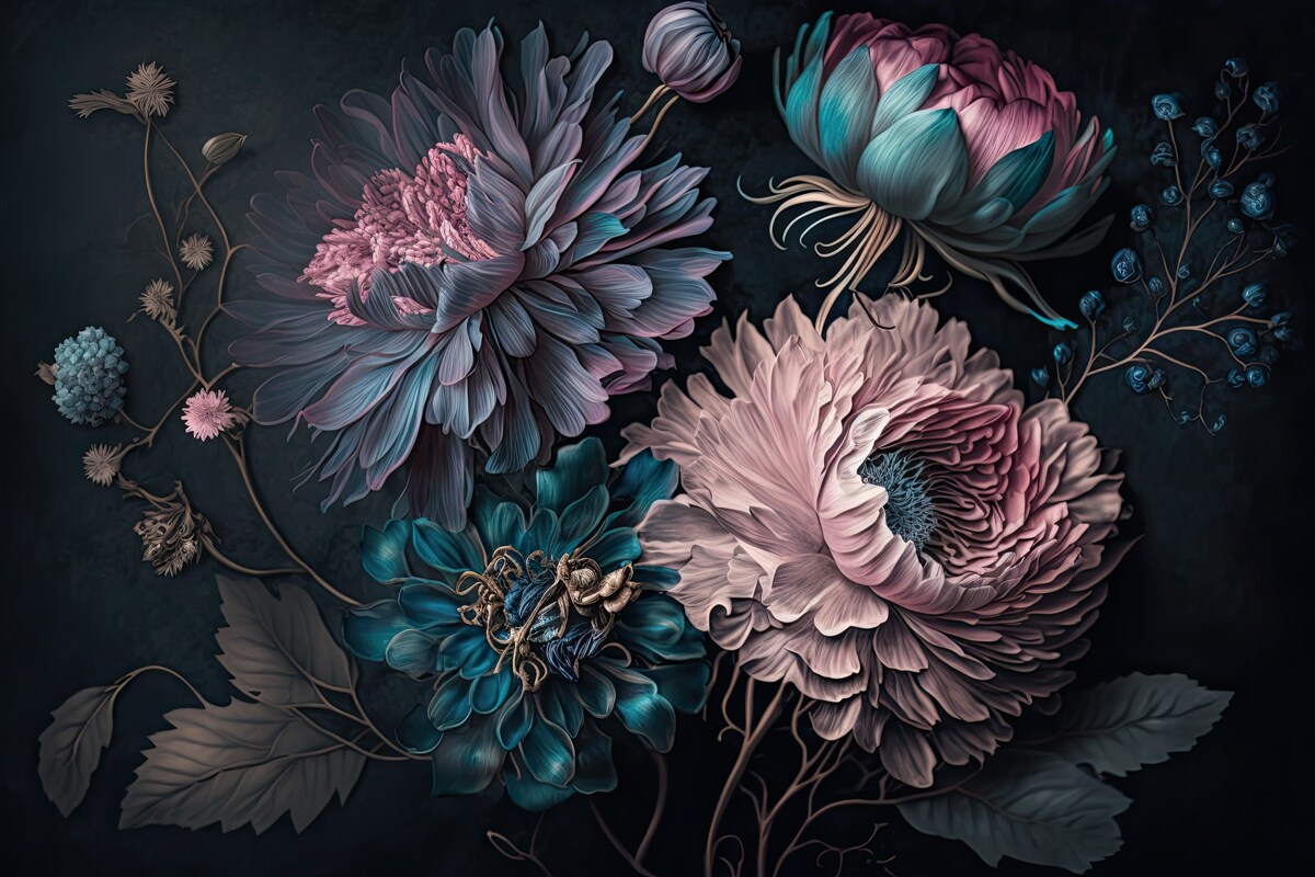 Papier peint fleurs tropicales s'épanouissant sur un fond sombre