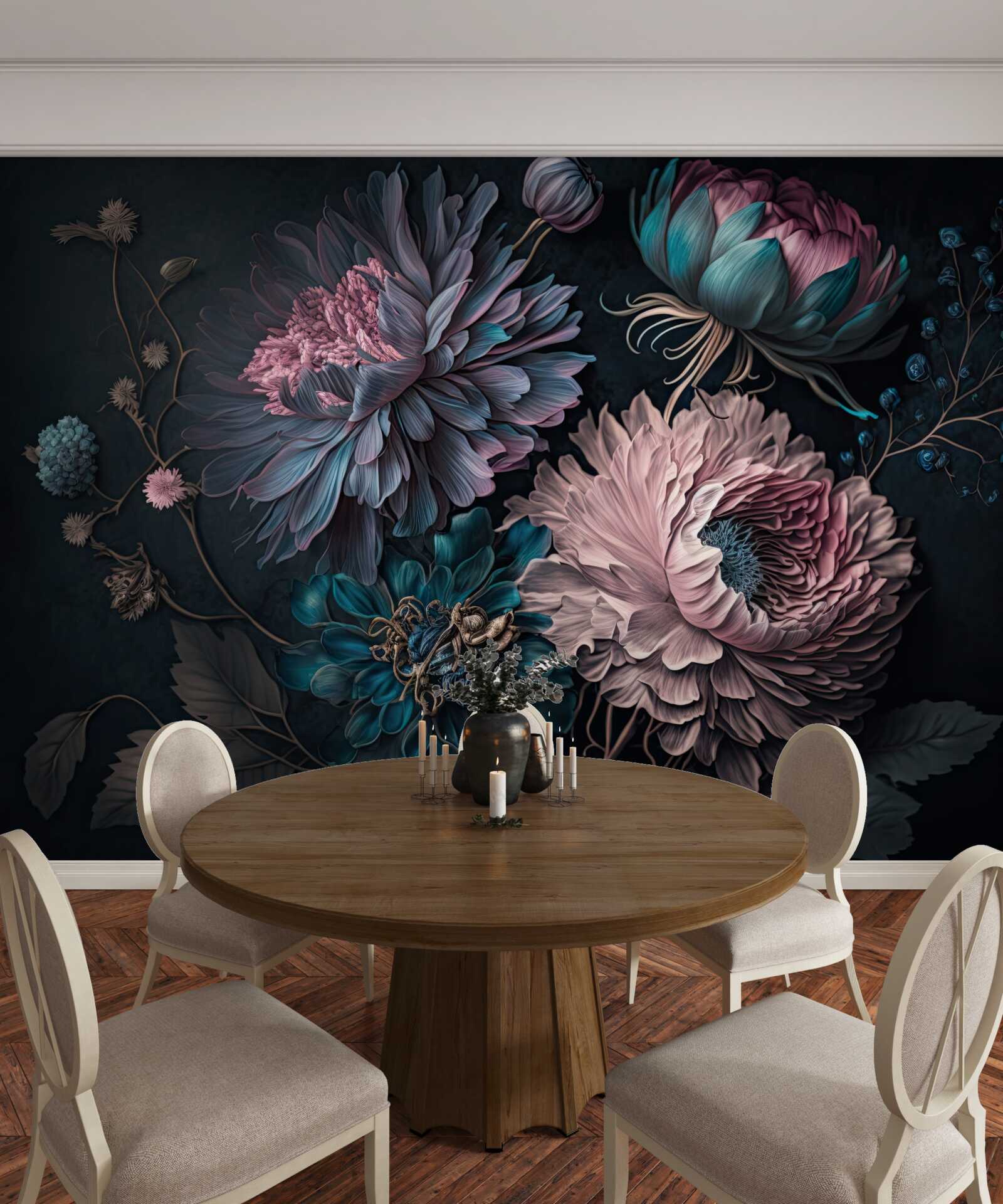 Papier peint fleurs tropicales s'épanouissant sur un fond sombre