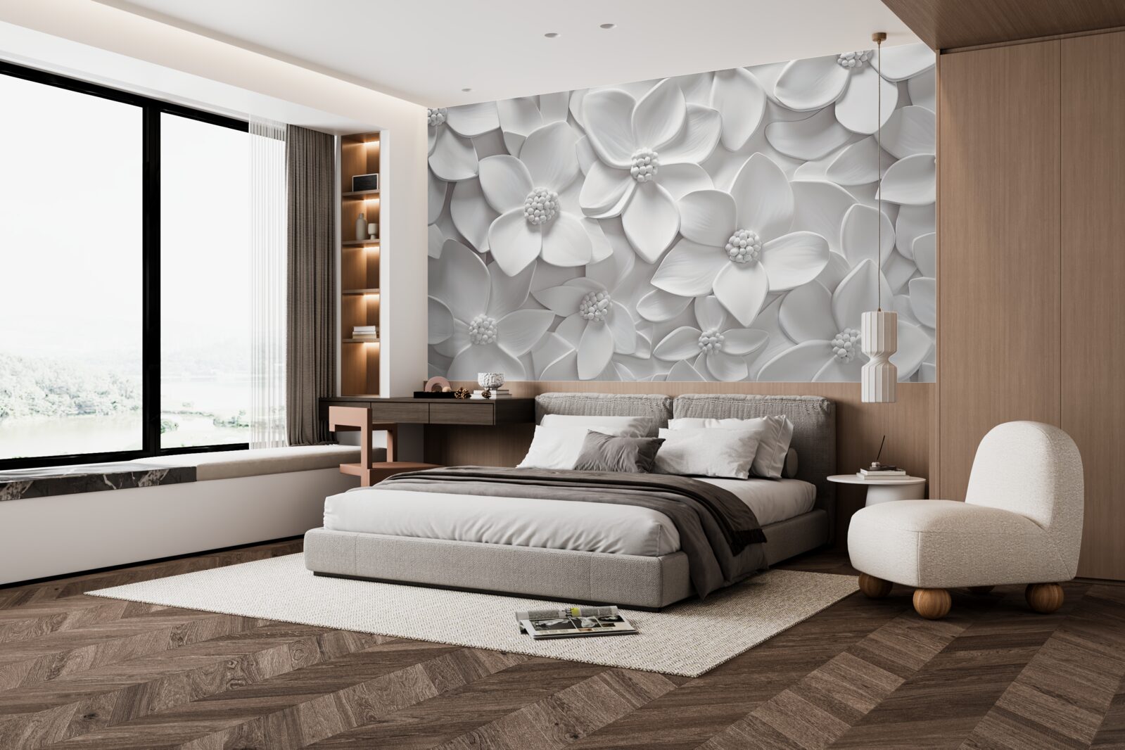 Papier peint fleurs blanches combinées en bas-relief