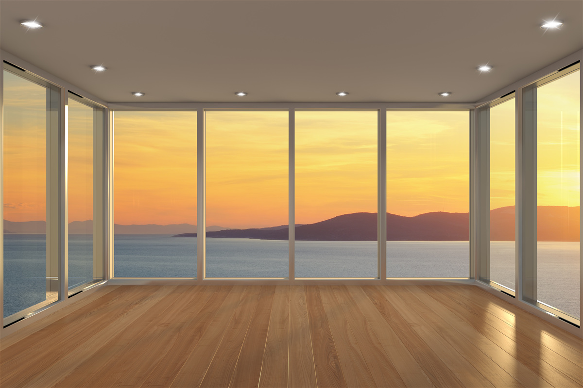Papier peint paysage incroyablement beau du coucher de soleil et de la mer depuis les fenêtres panoramiques