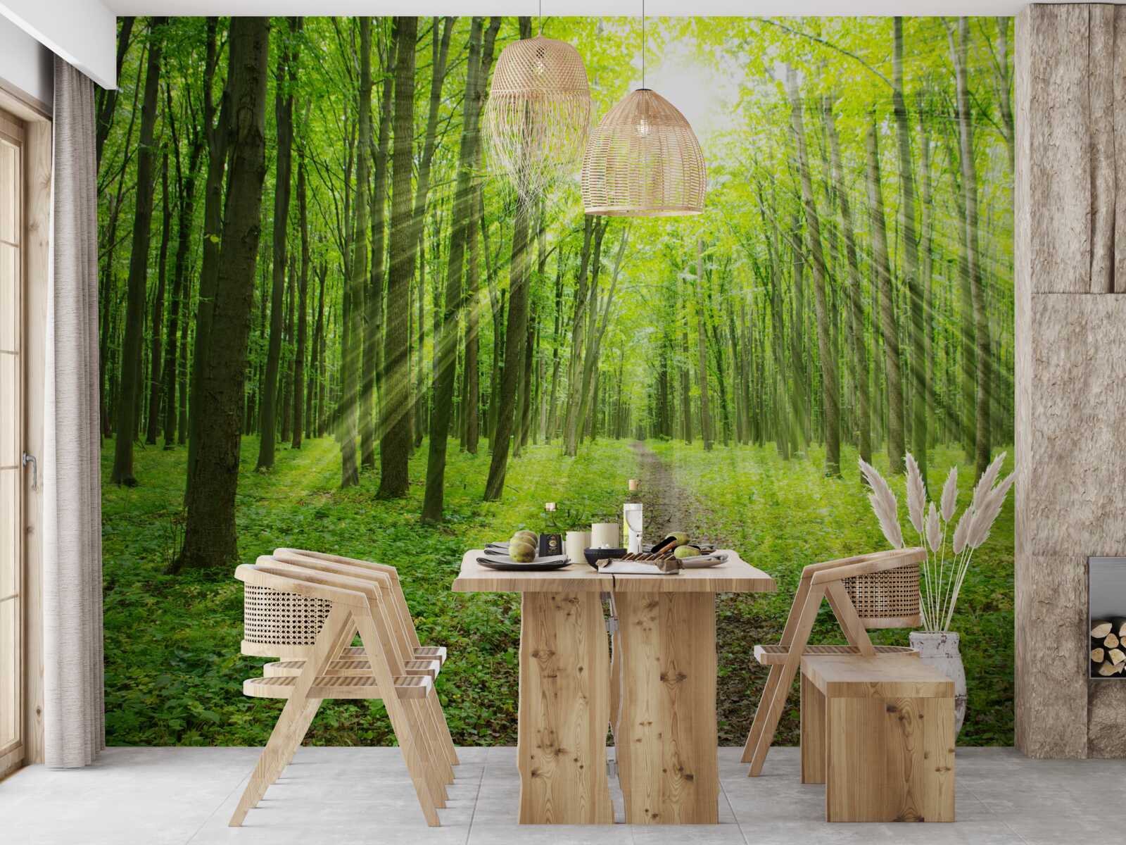 Papier peint Les rayons du soleil dans la forêt verdoyante illuminent tout ce qui l'entoure.