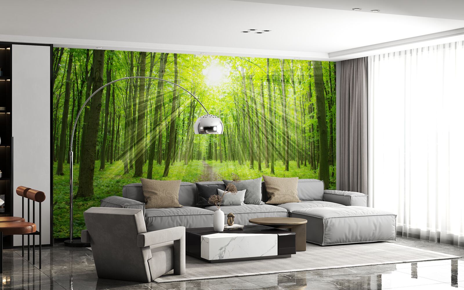 Papier peint Les rayons du soleil dans la forêt verdoyante illuminent tout ce qui l'entoure.