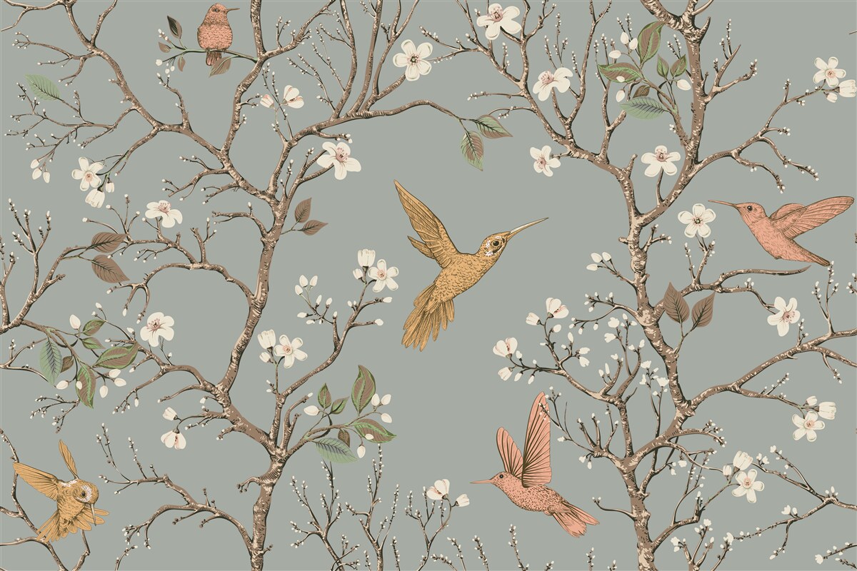 Papier peint arbre à fleurs et colibri