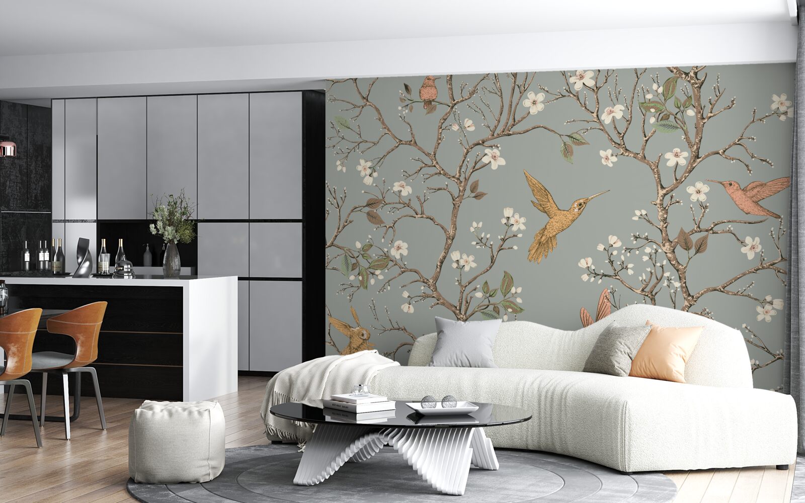 Papier peint arbre à fleurs et colibri