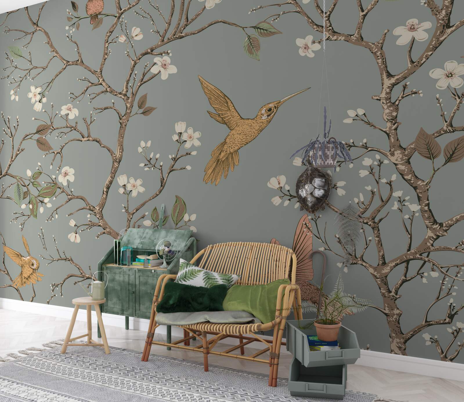 Papier peint arbre à fleurs et colibri