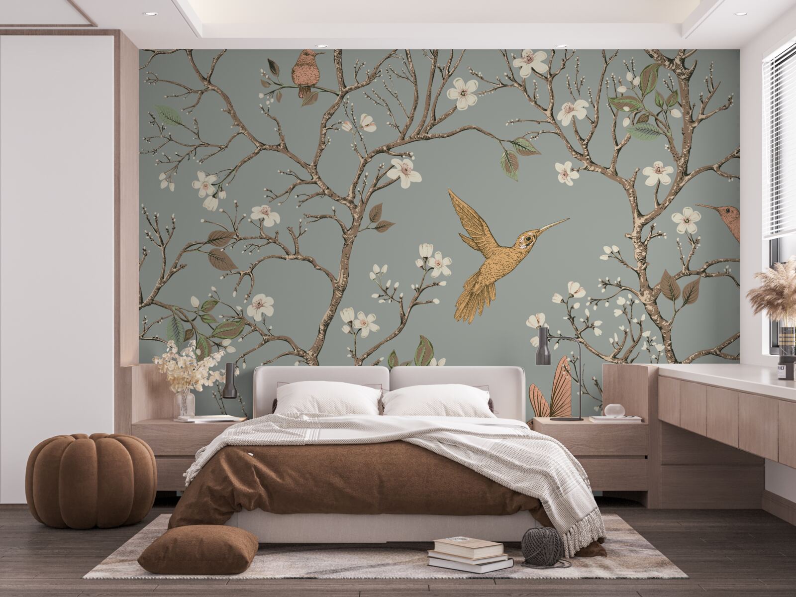 Papier peint arbre à fleurs et colibri