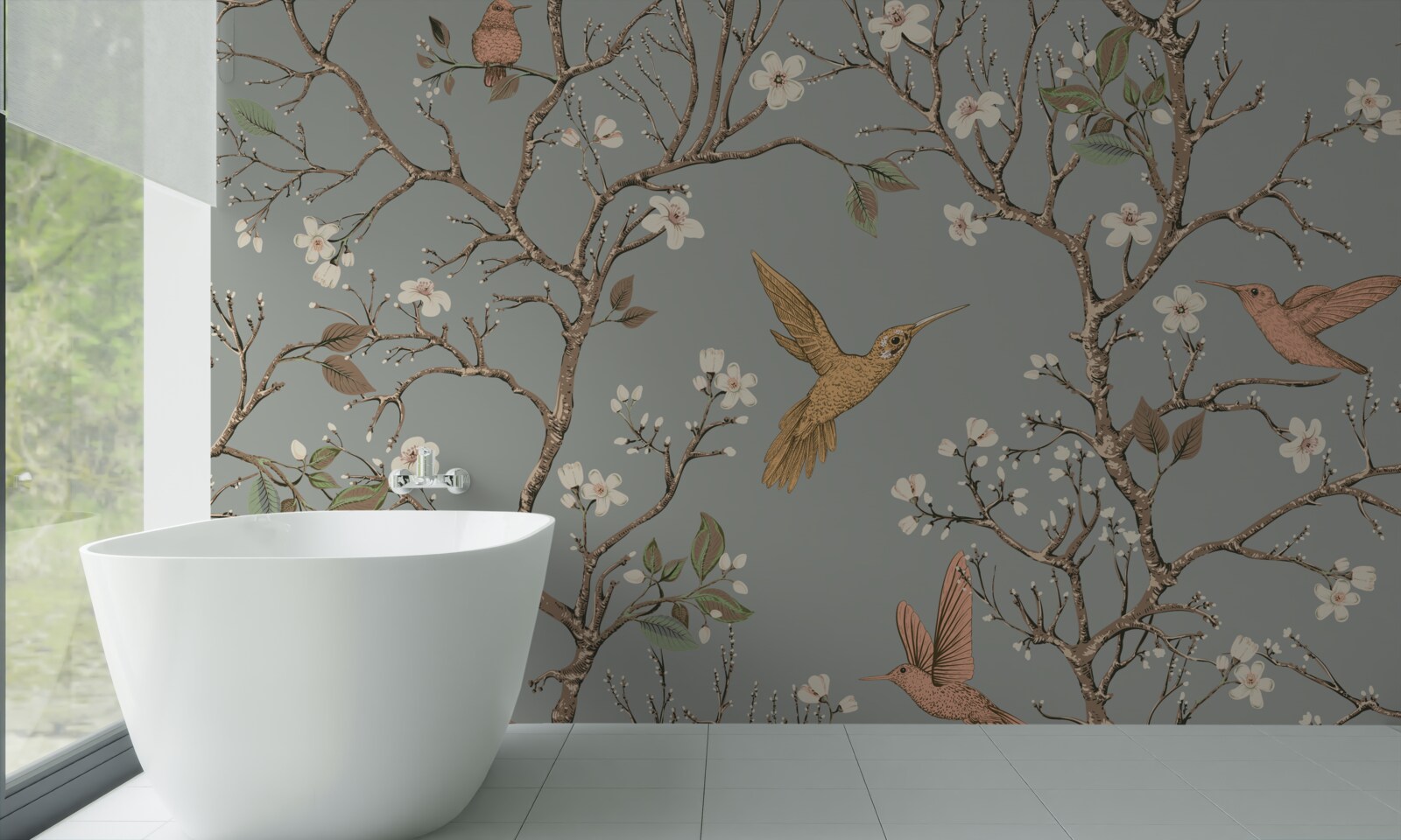 Papier peint arbre à fleurs et colibri