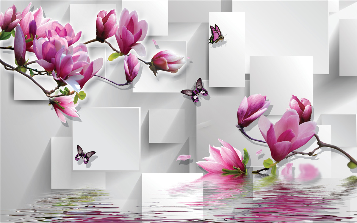 Papier peint les magnolias pourpres qui survolent l'eau