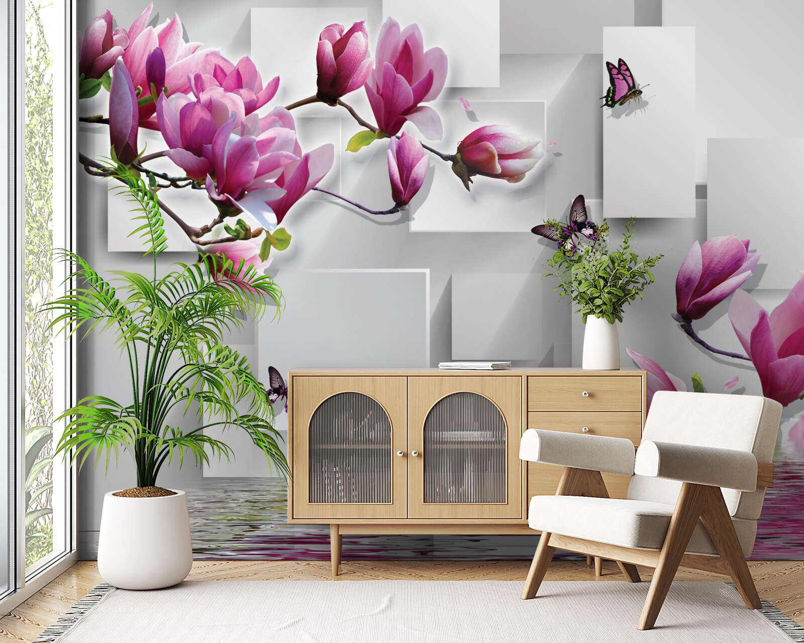 Papier peint les magnolias pourpres qui survolent l'eau