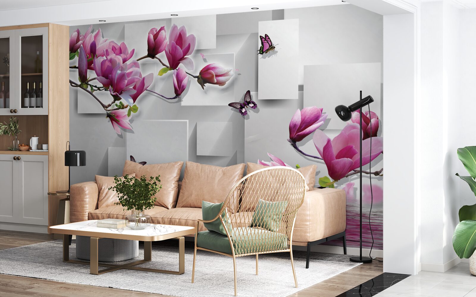 Papier peint les magnolias pourpres qui survolent l'eau