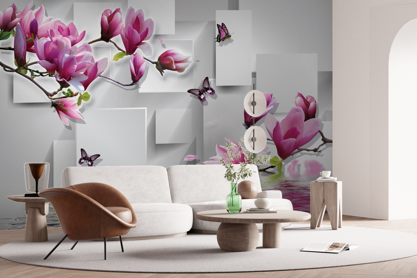 Papier peint les magnolias pourpres qui survolent l'eau