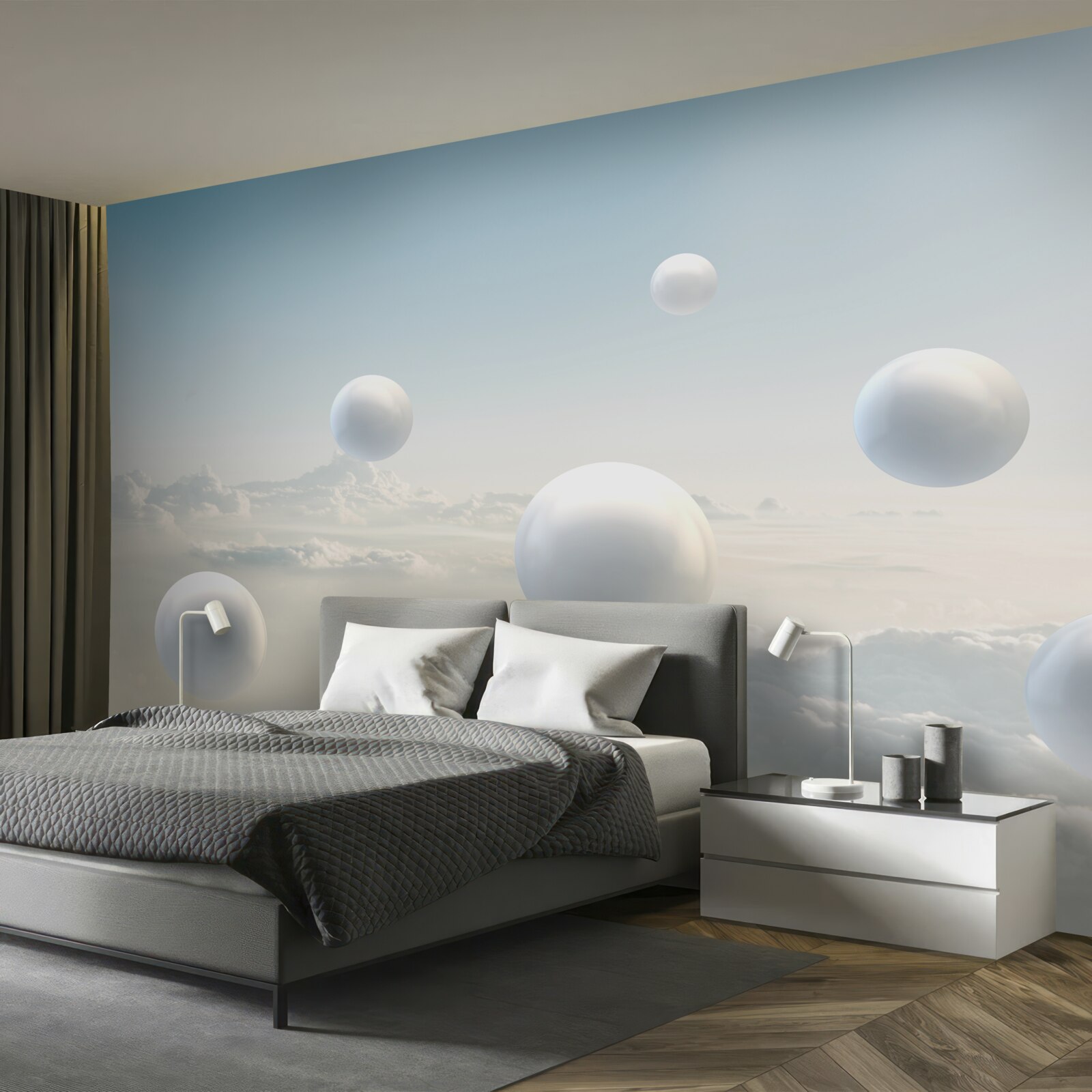 Papier peint boules blanches flottant dans le ciel