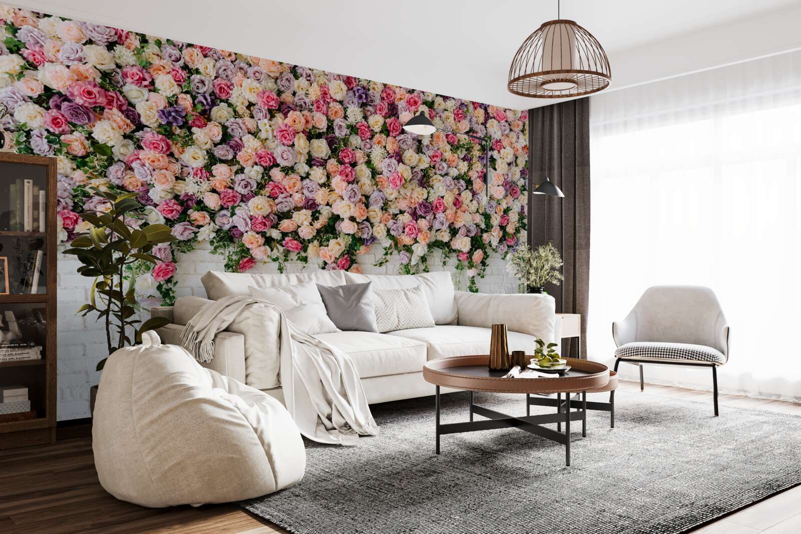 Papier peint Mur de briques décoré de fleurs de rosiers