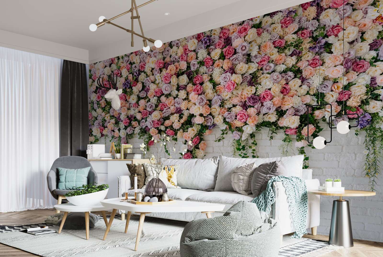Papier peint Mur de briques décoré de fleurs de rosiers