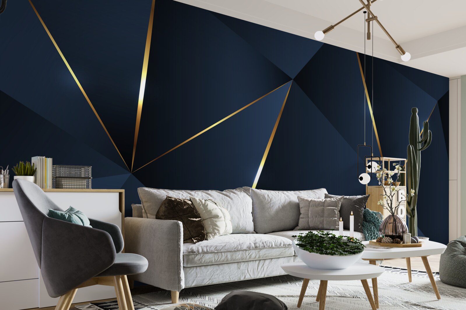 Papier peint les triangles sont bleu foncé avec des bords dorés