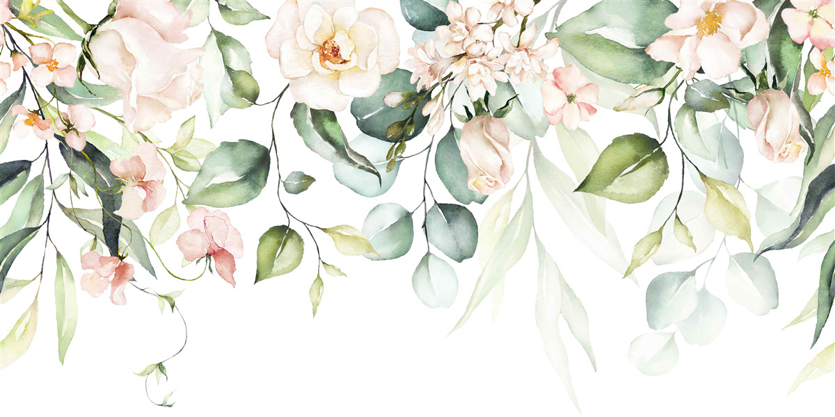 Papier peint fleurs tropicales avec feuilles dans les tons verts