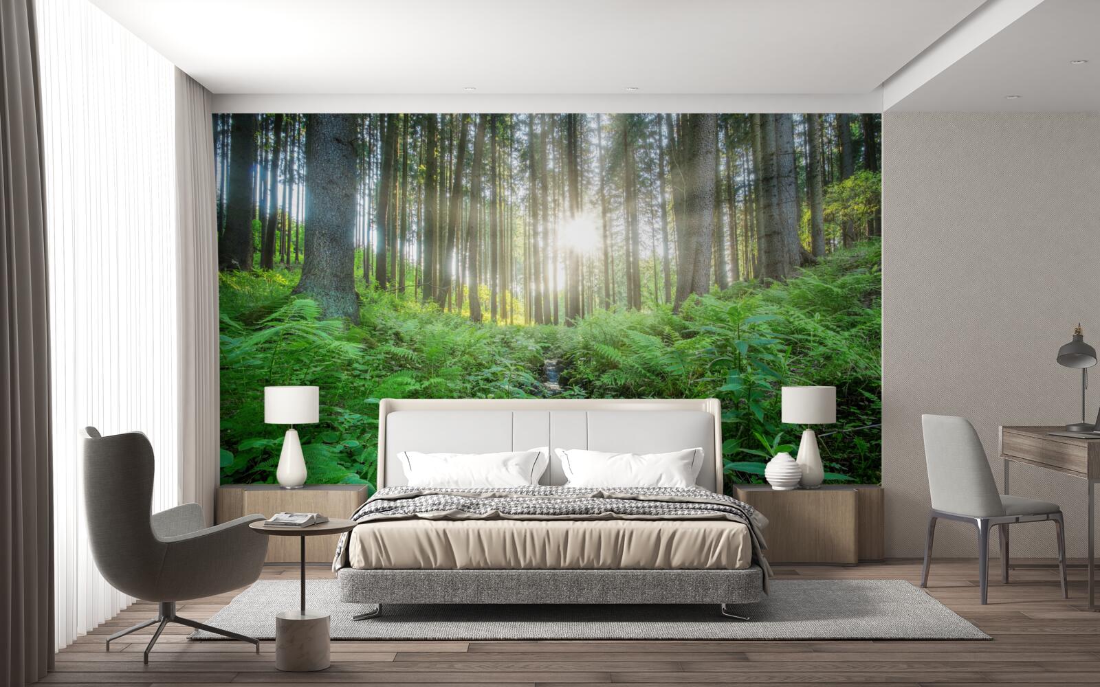 Papier peint les rayons du soleil pénètrent dans la forêt dense