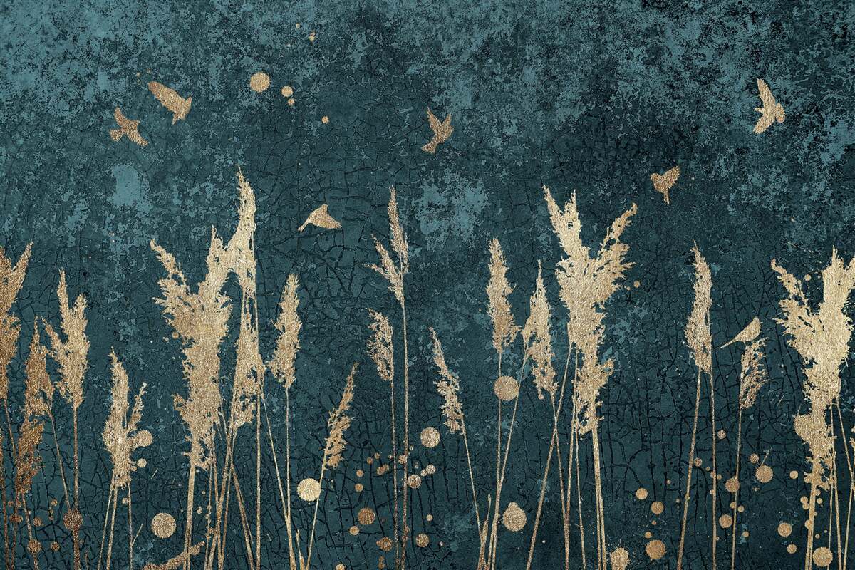 Papier peint le soir, les oiseaux survolent les prairies