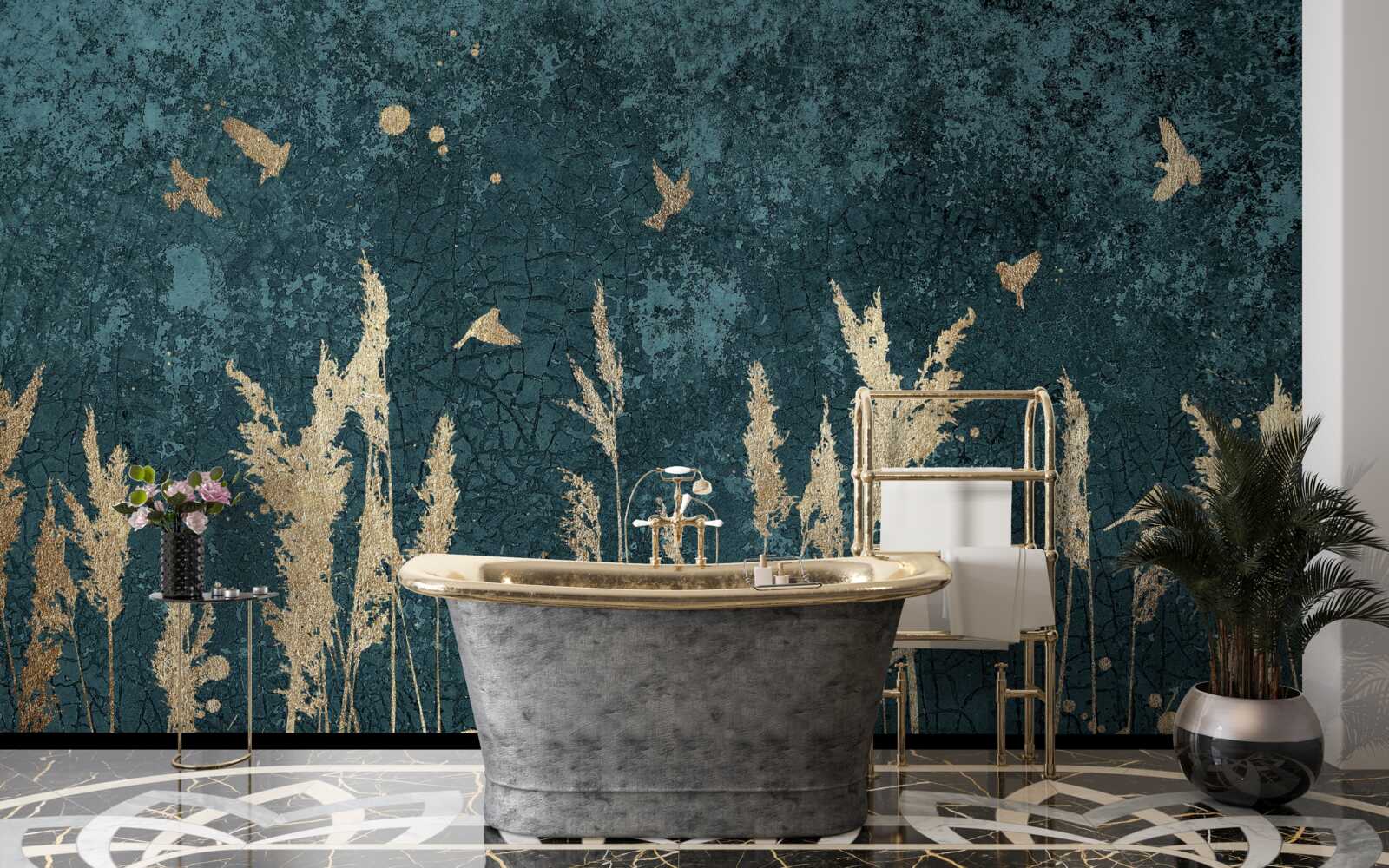 Papier peint le soir, les oiseaux survolent les prairies