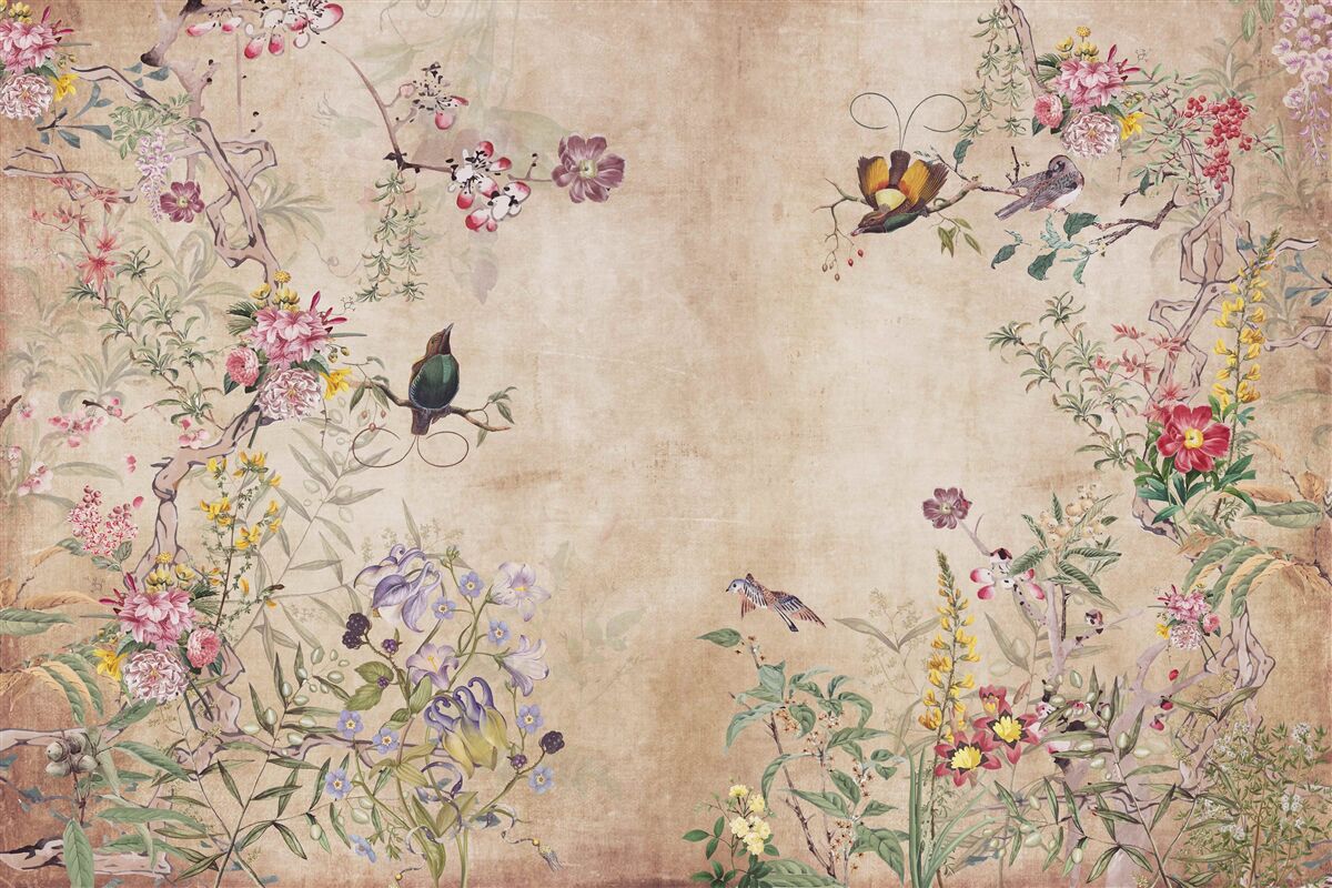 Papier peint des pétales en fleurs et des papillons en vol