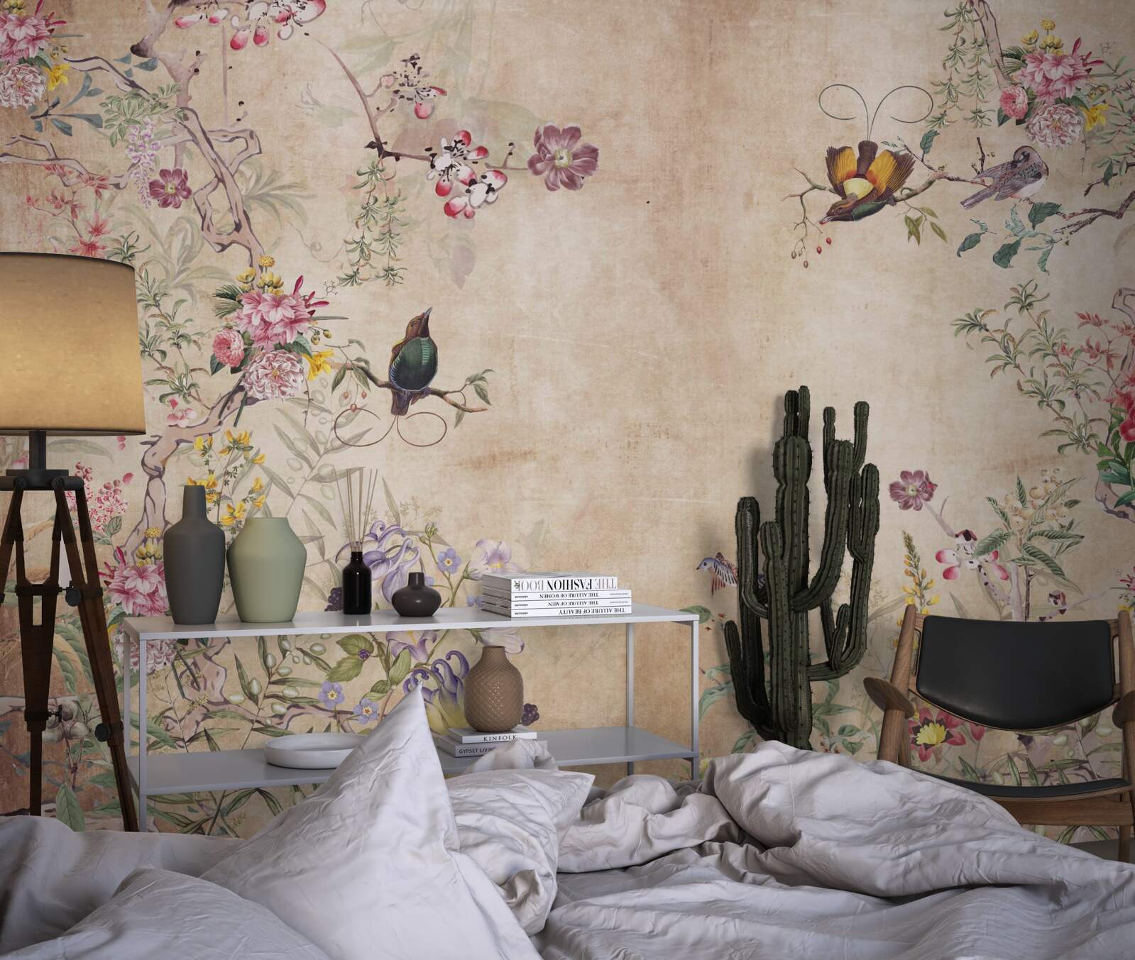 Papier peint des pétales en fleurs et des papillons en vol