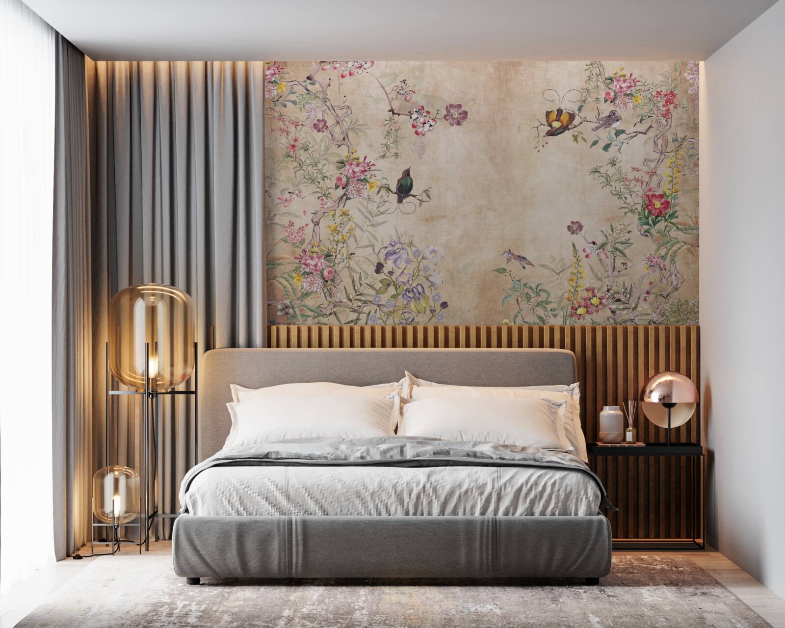 Papier peint des pétales en fleurs et des papillons en vol