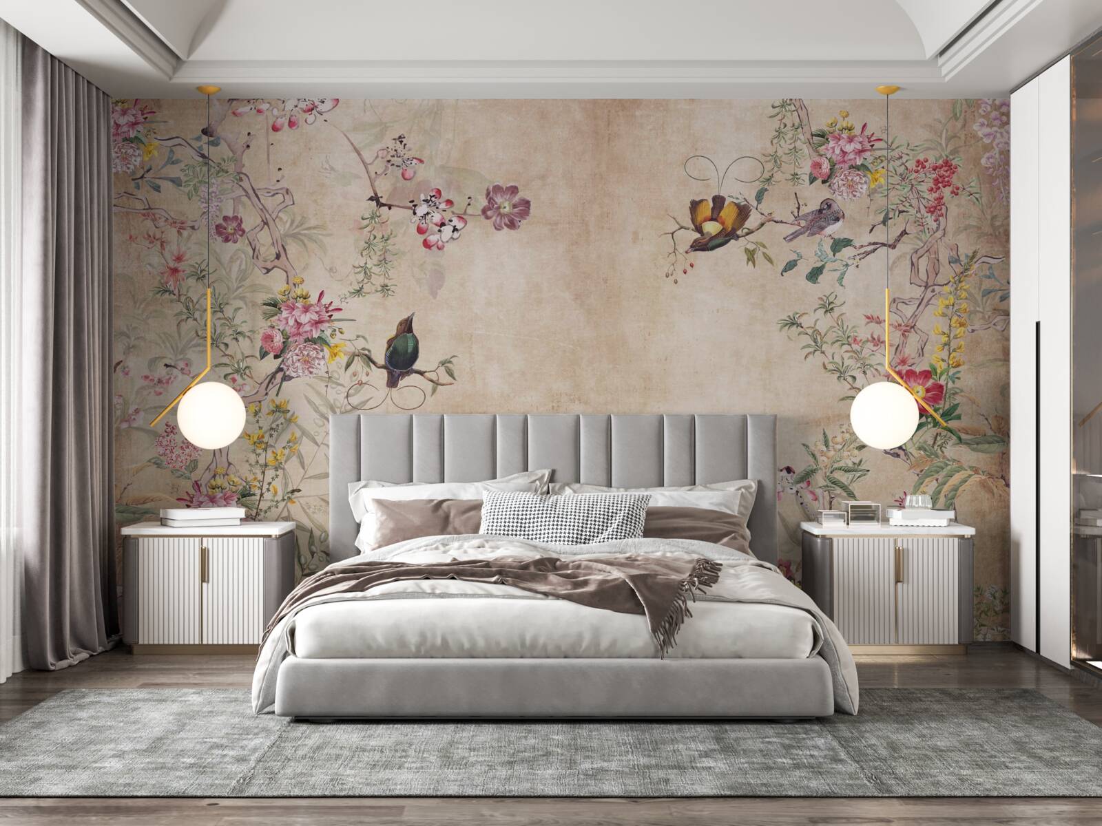 Papier peint des pétales en fleurs et des papillons en vol