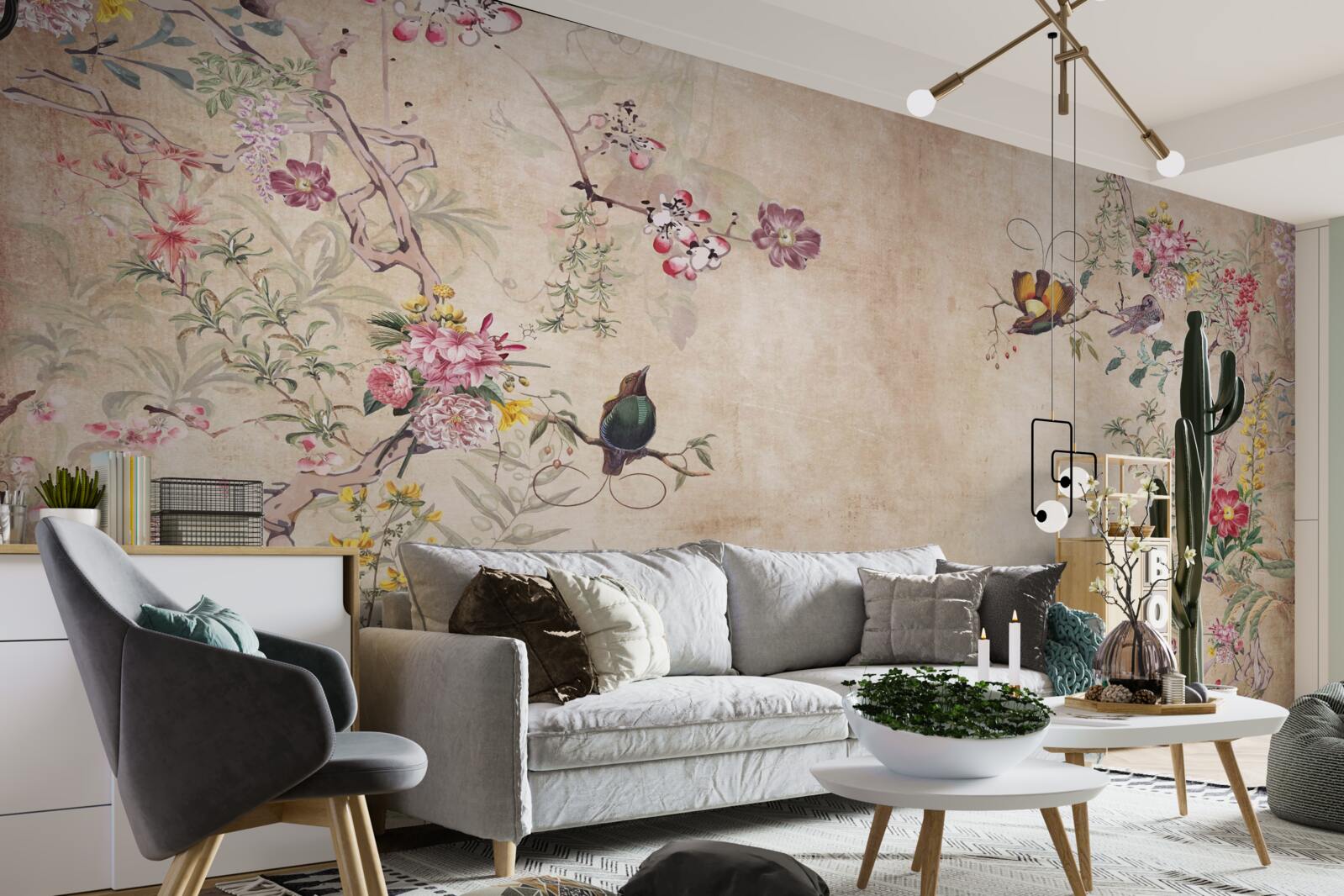 Papier peint des pétales en fleurs et des papillons en vol